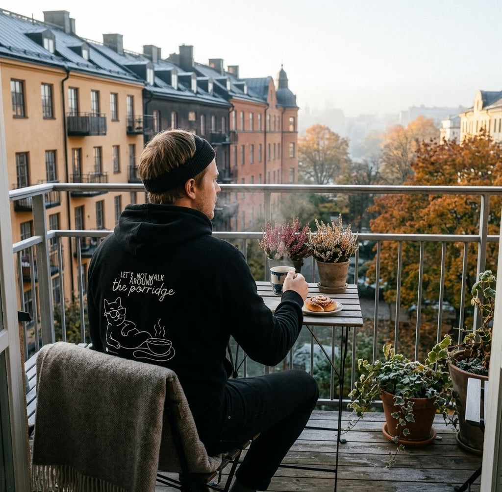 A man sits on a balcony table wearing a black hoodie with white graphic text and cat illustration on the back, looking out over a city view with autumn trees. A gray blanket is draped over a chair in the foreground.