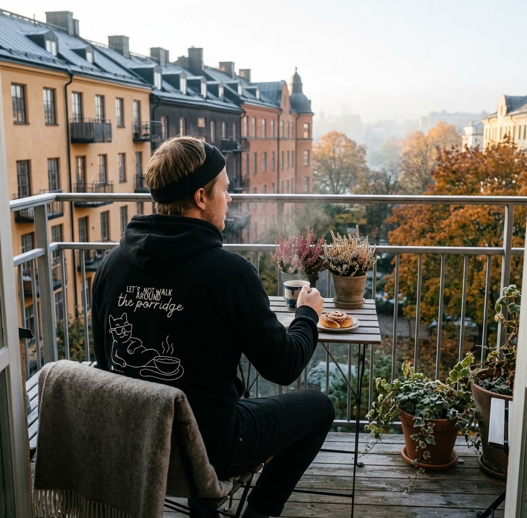 A man sits on a balcony table wearing a black hoodie with white graphic text and cat illustration on the back, looking out over a city view with autumn trees. A gray blanket is draped over a chair in the foreground.