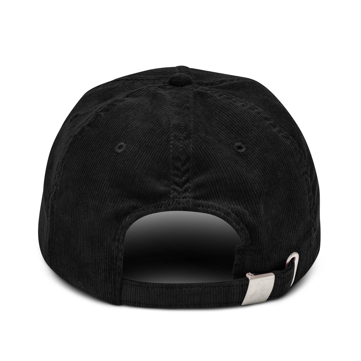 Black cap with a white logo on a white background