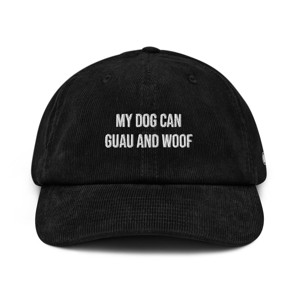 Black cap with text on a white background