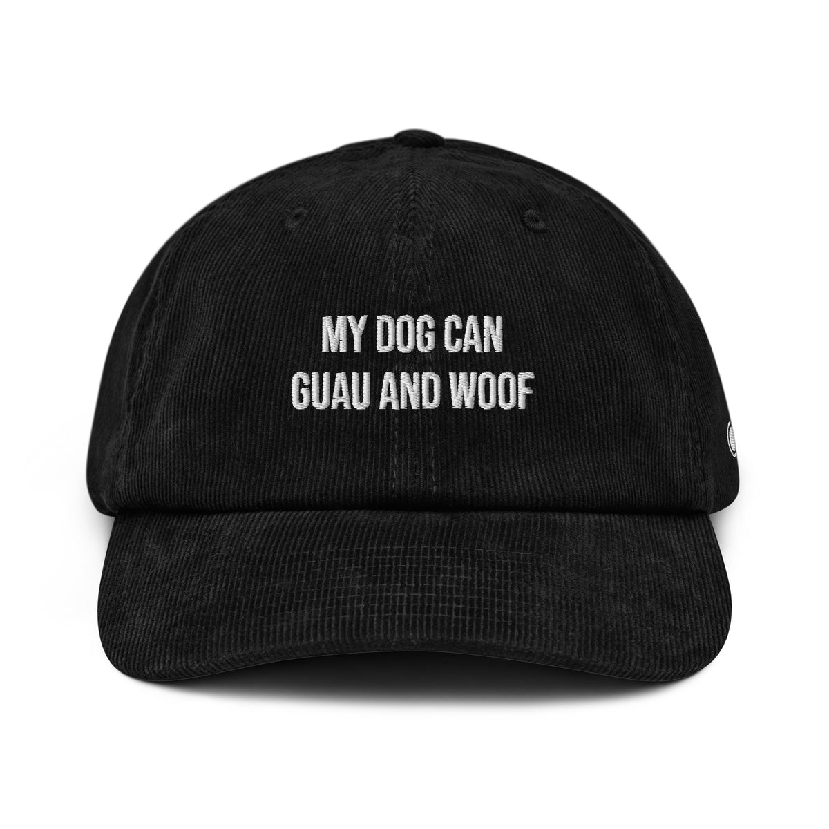 Black cap with text on a white background