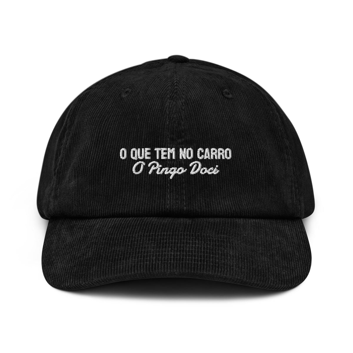 Black cap with text on a white background