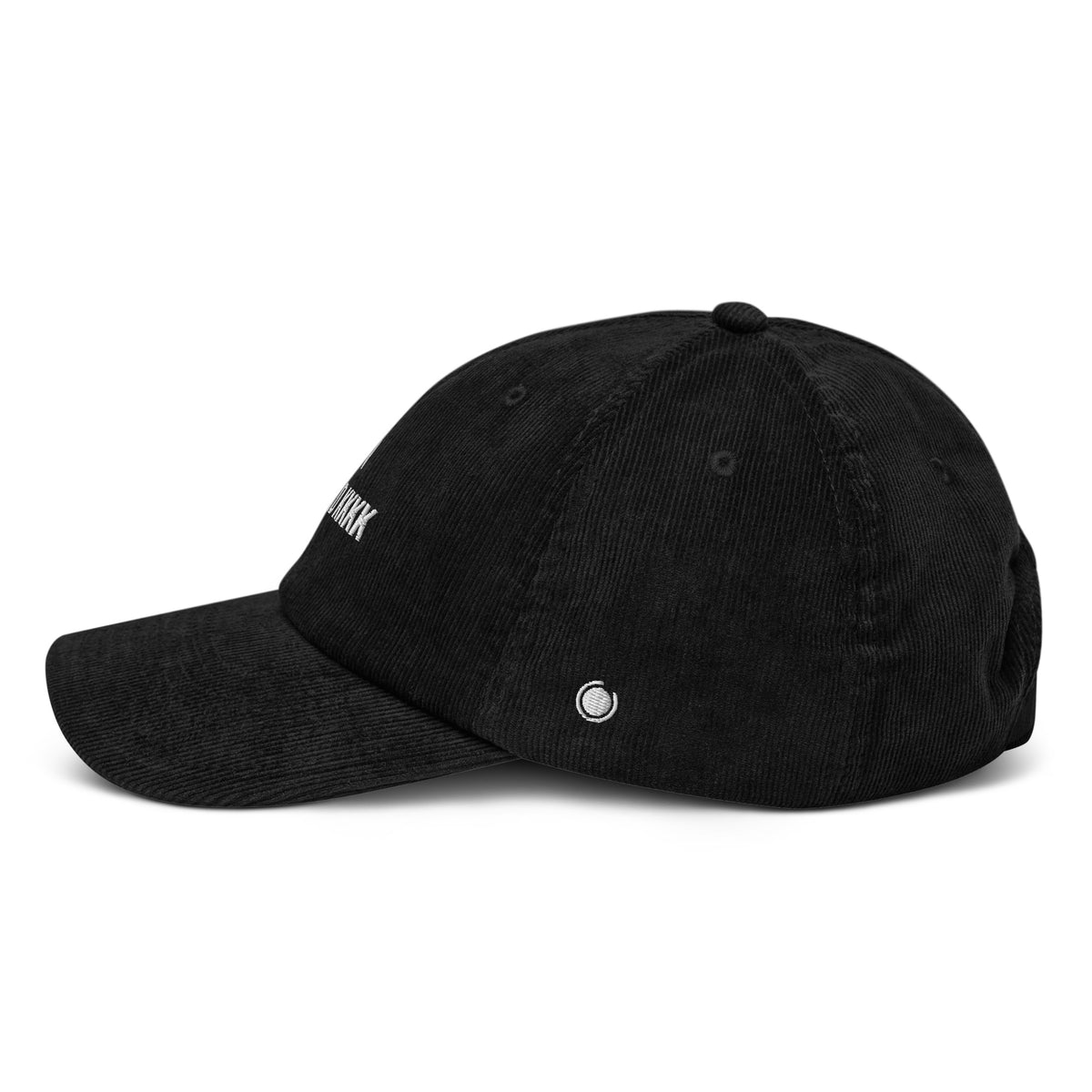 Black cap with text on a white background