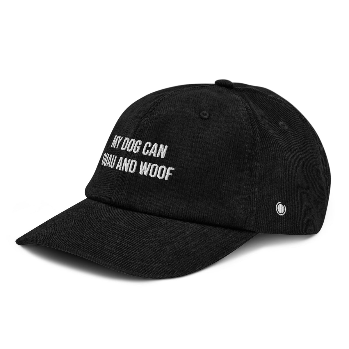 Black cap with a small logo on a white background