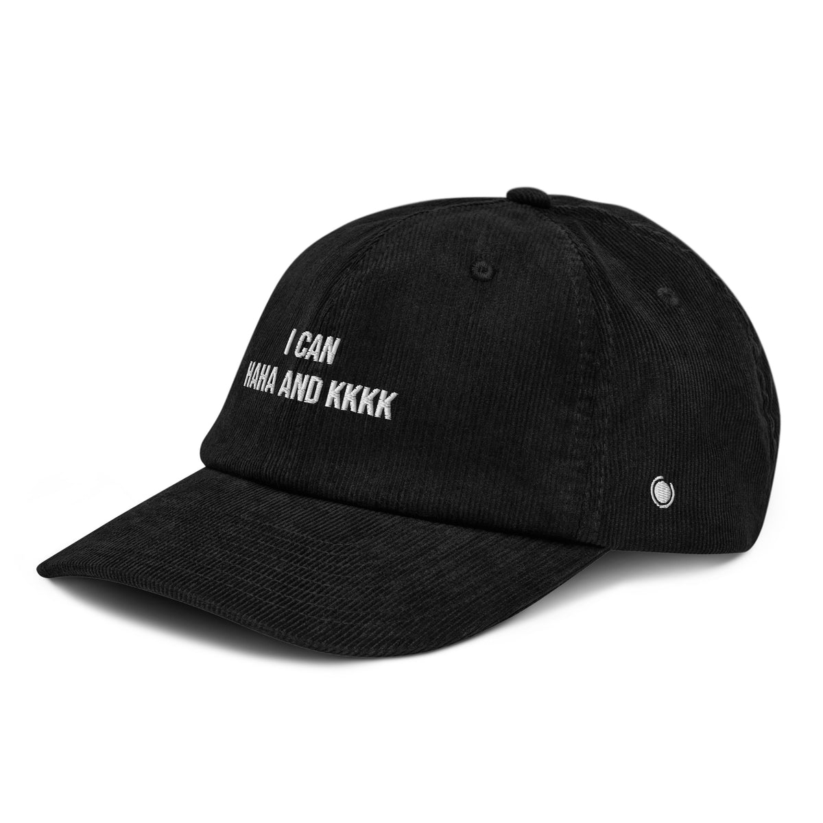 Black cap with a white logo on a white background