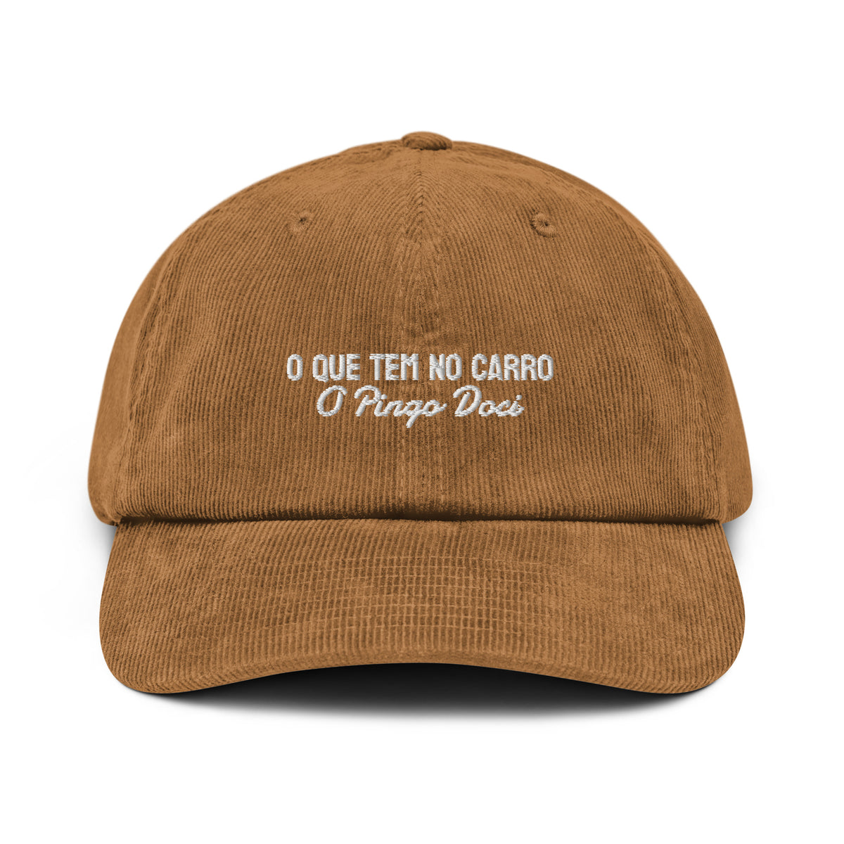 Brown cap with white text and logo on a white background