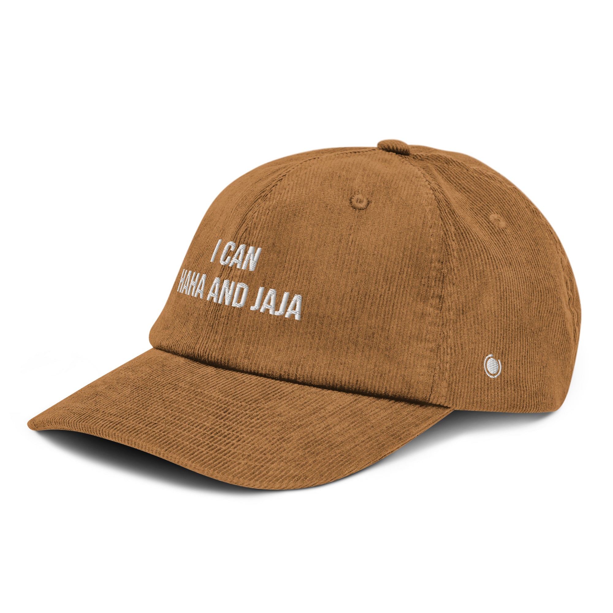 Brown cap with text on a white background