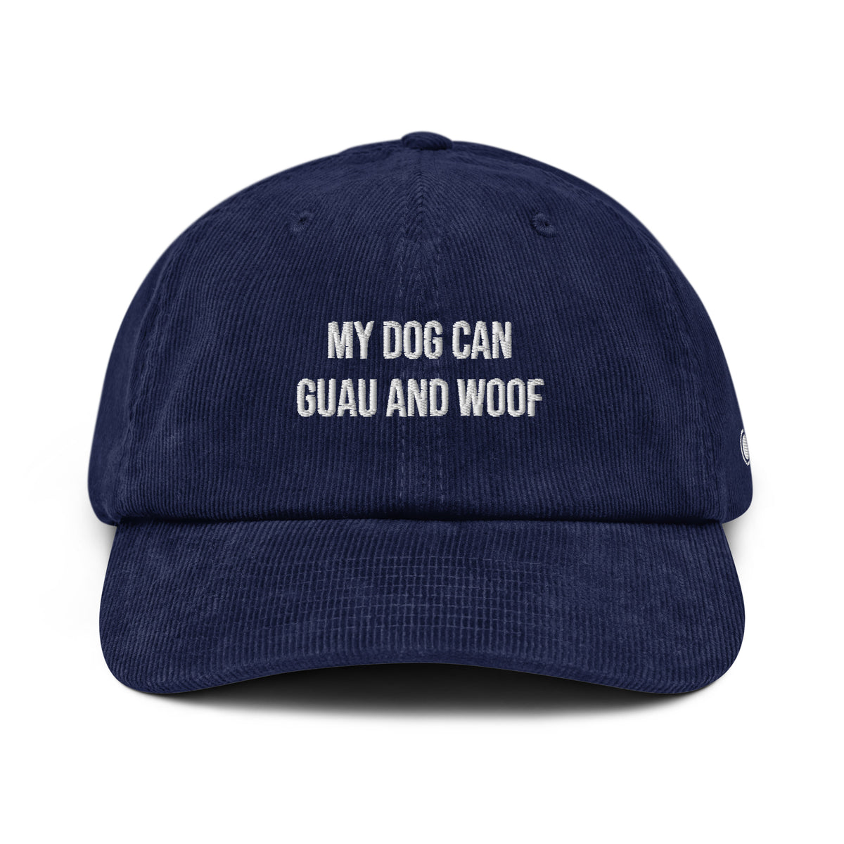 Navy blue cap with white text on a white background