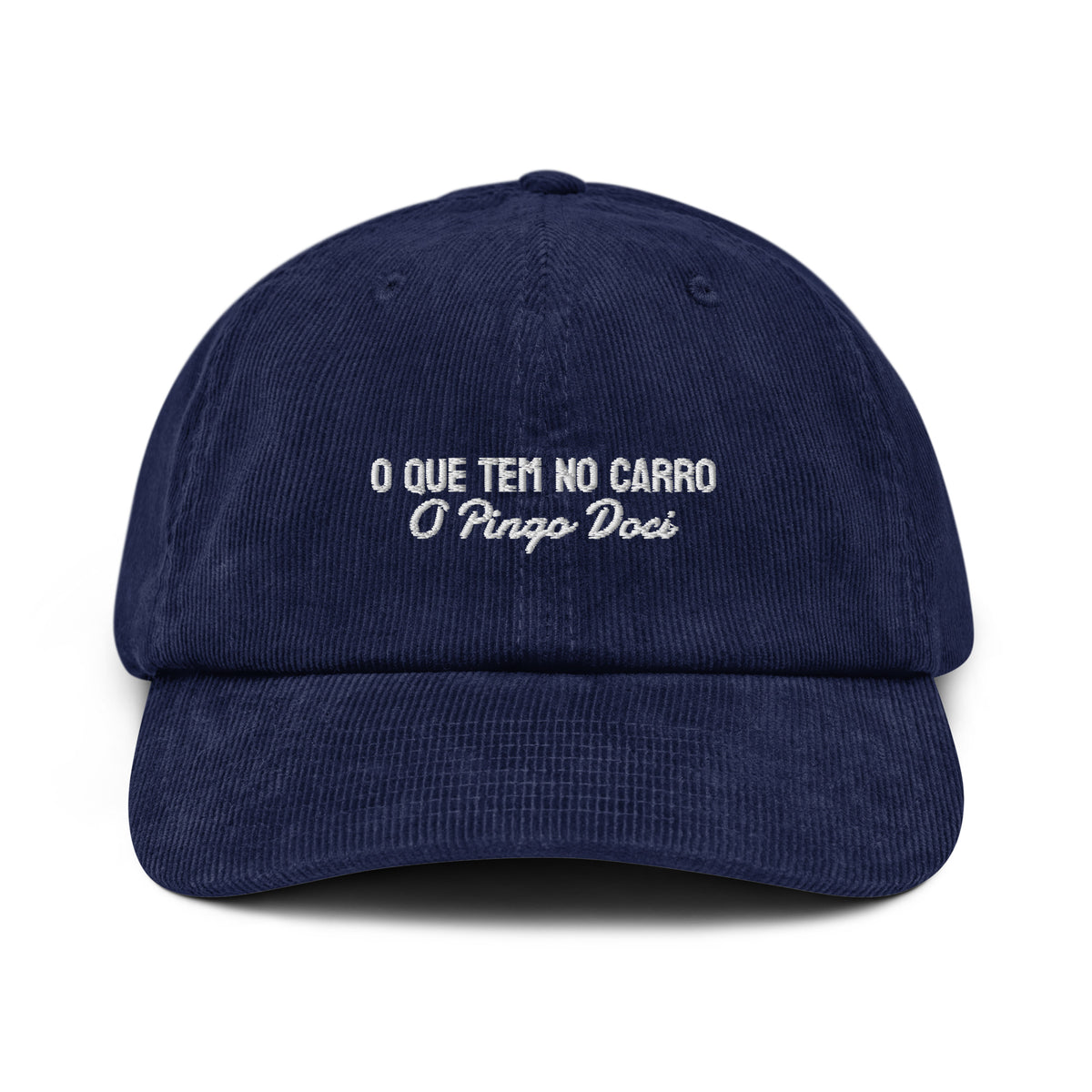 A navy blue corduroy baseball cap with text embroidered in white on the front, shown against a plain white background.