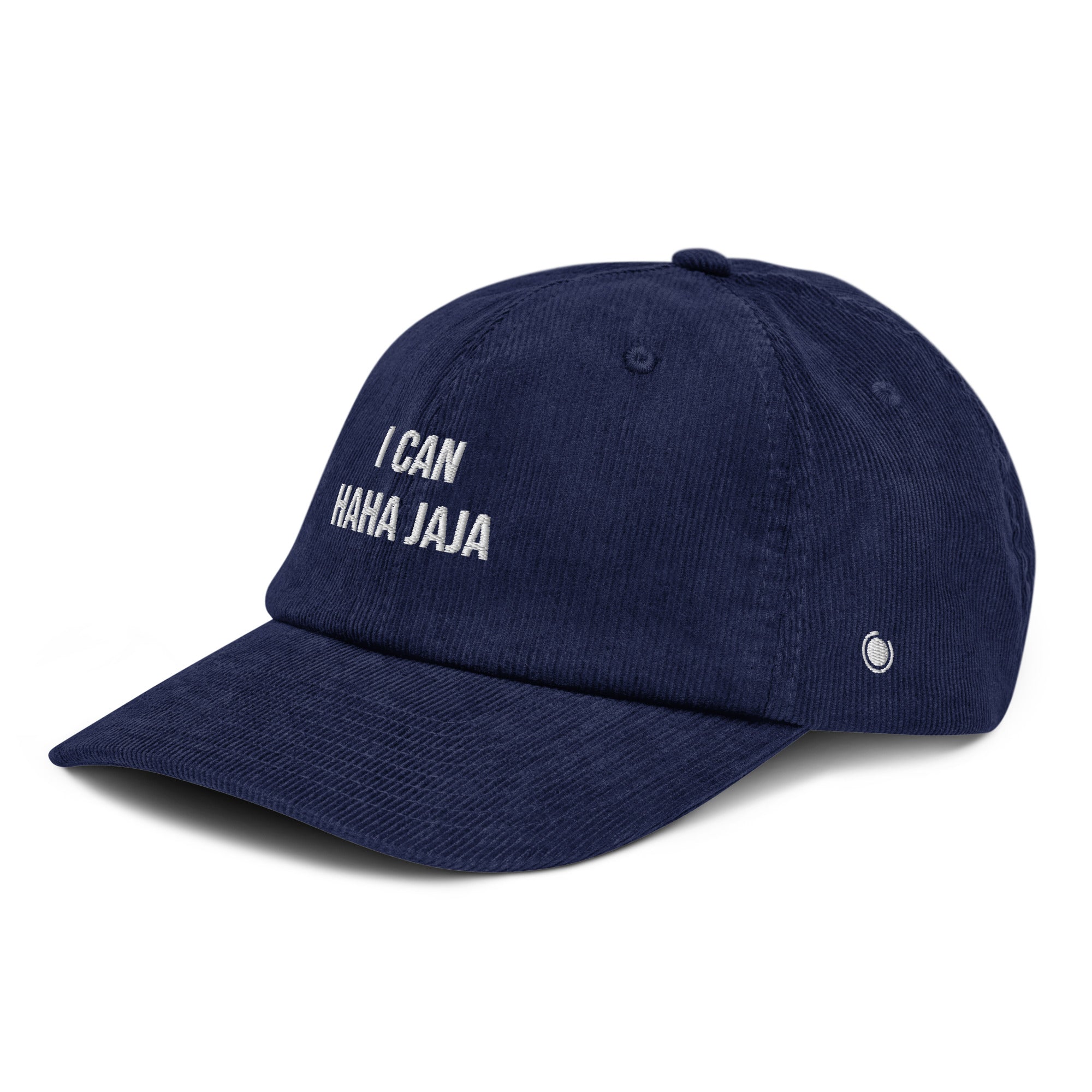 navy corduroy cap with white embroidery on a white background