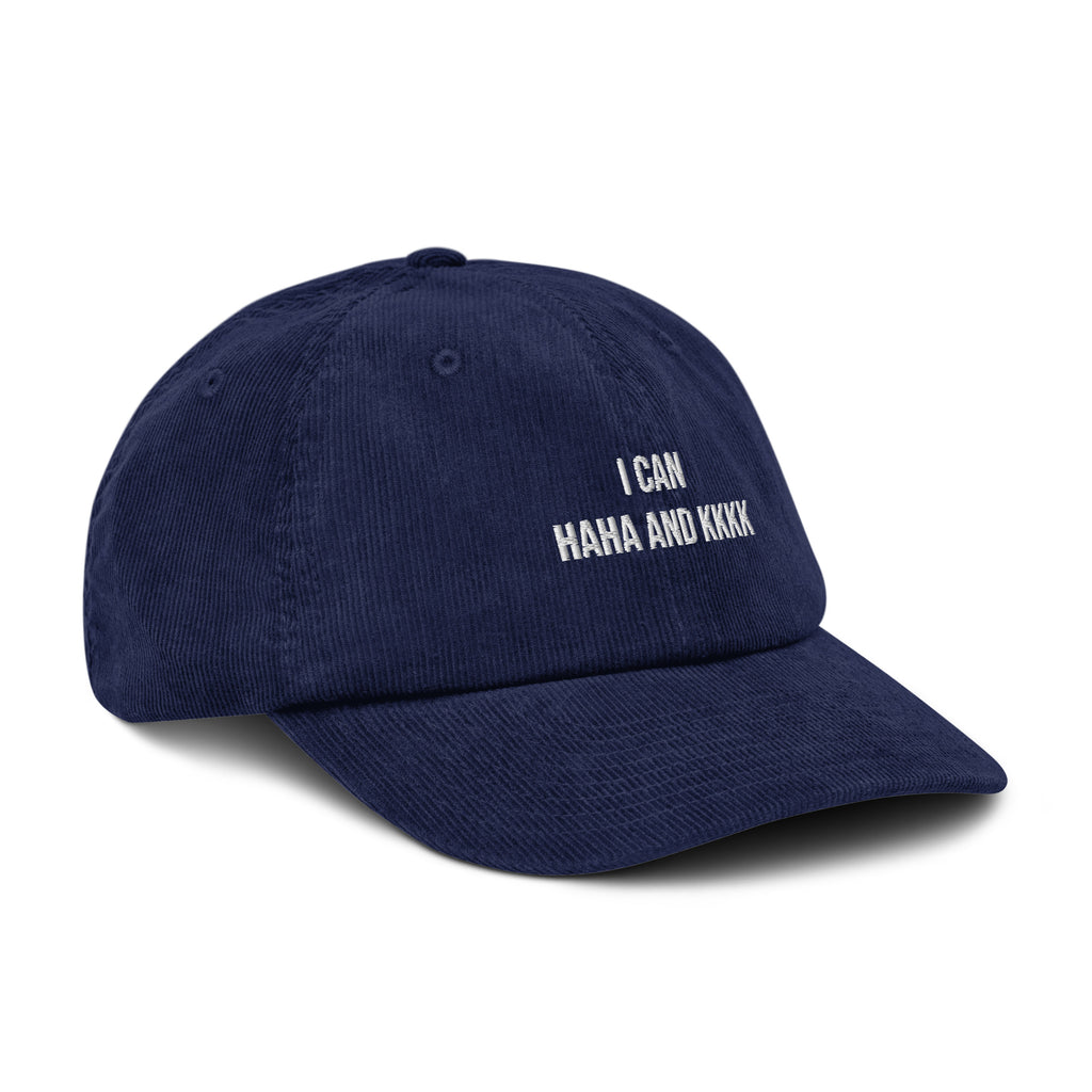 Blue cap with a white logo on a white background