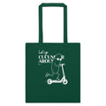 A dark green canvas tote bag with two handles, featuring a white graphic of a cucumber character riding a scooter and the text 'Let's go CUCUMBER AROUND'.