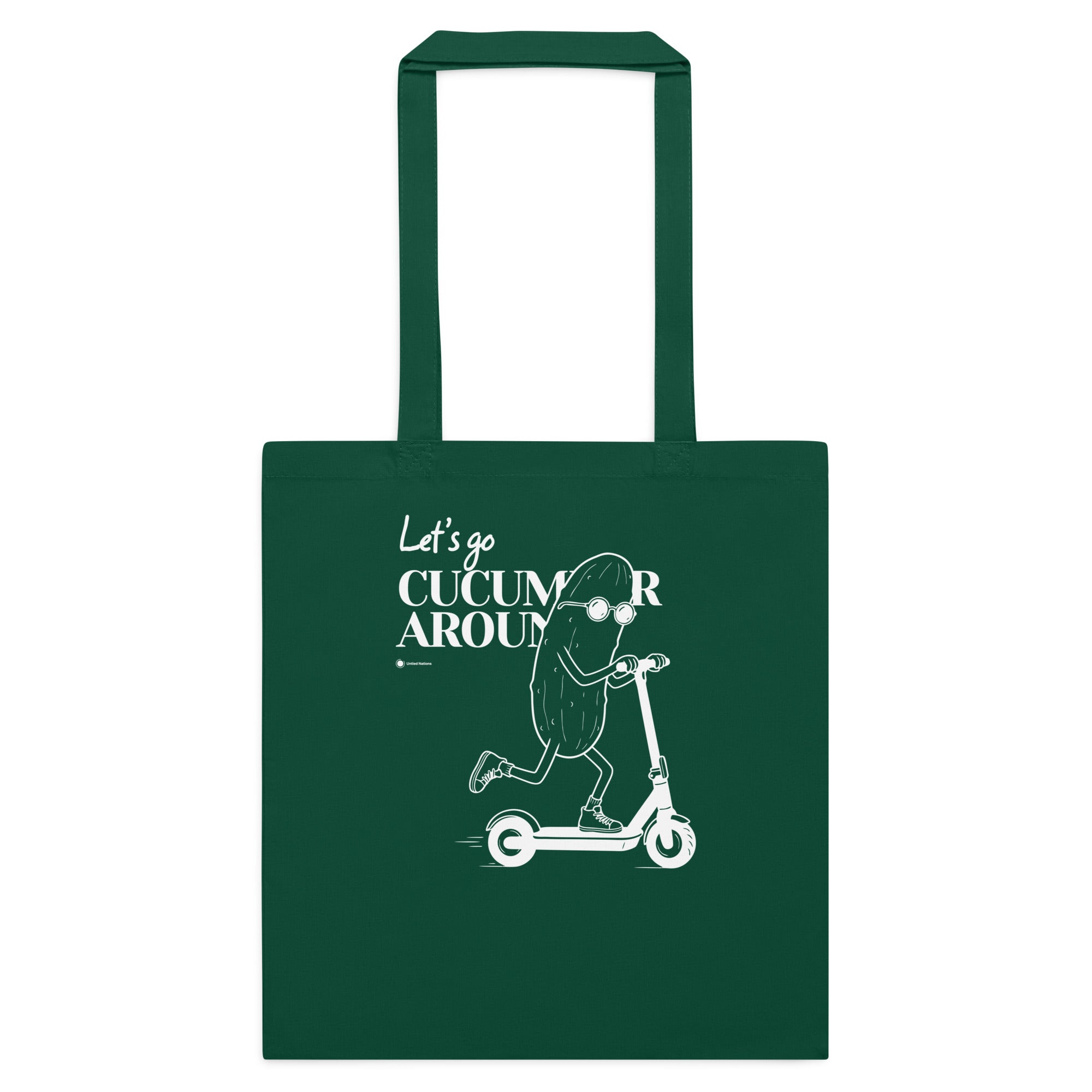 A dark green canvas tote bag with two handles, featuring a white graphic of a cucumber character riding a scooter and the text 'Let's go CUCUMBER AROUND'.