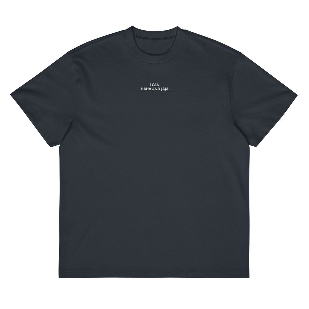 i can haha and jaja mens embroidered t-shirt navy front