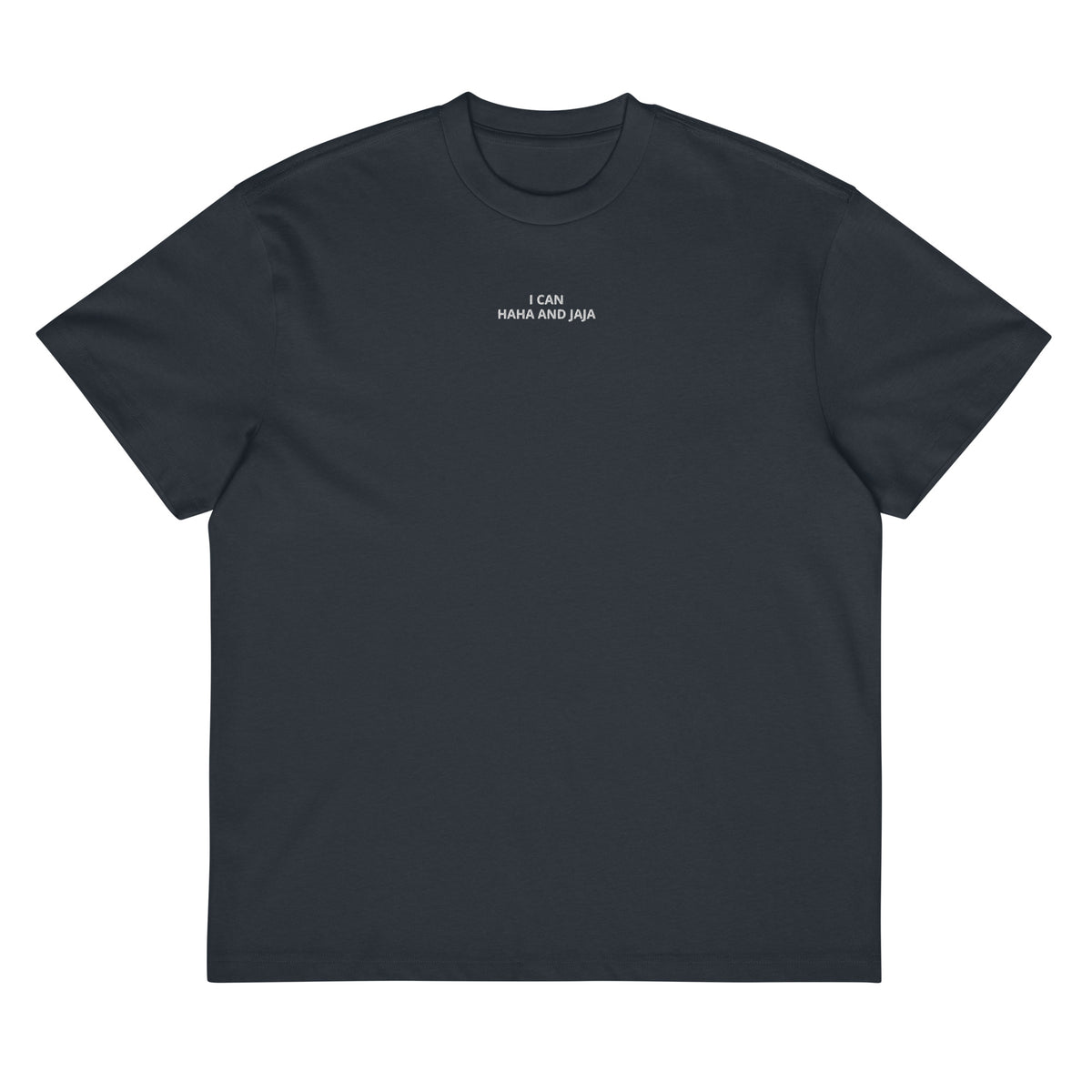 i can haha and jaja mens embroidered t-shirt navy front