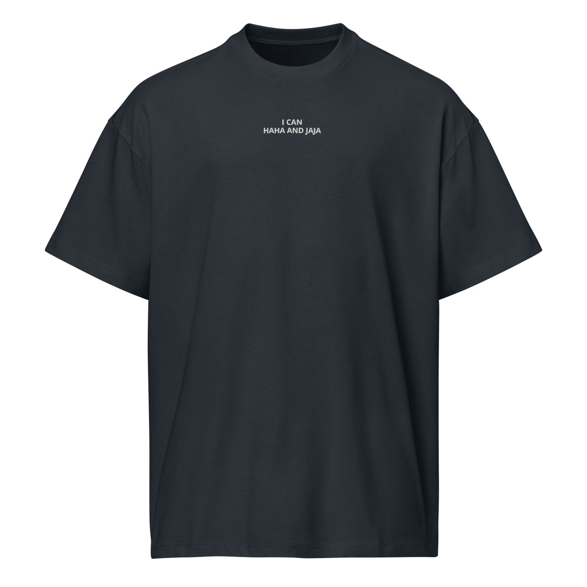 i can haha and jaja mens embroidered t-shirt navy blue front