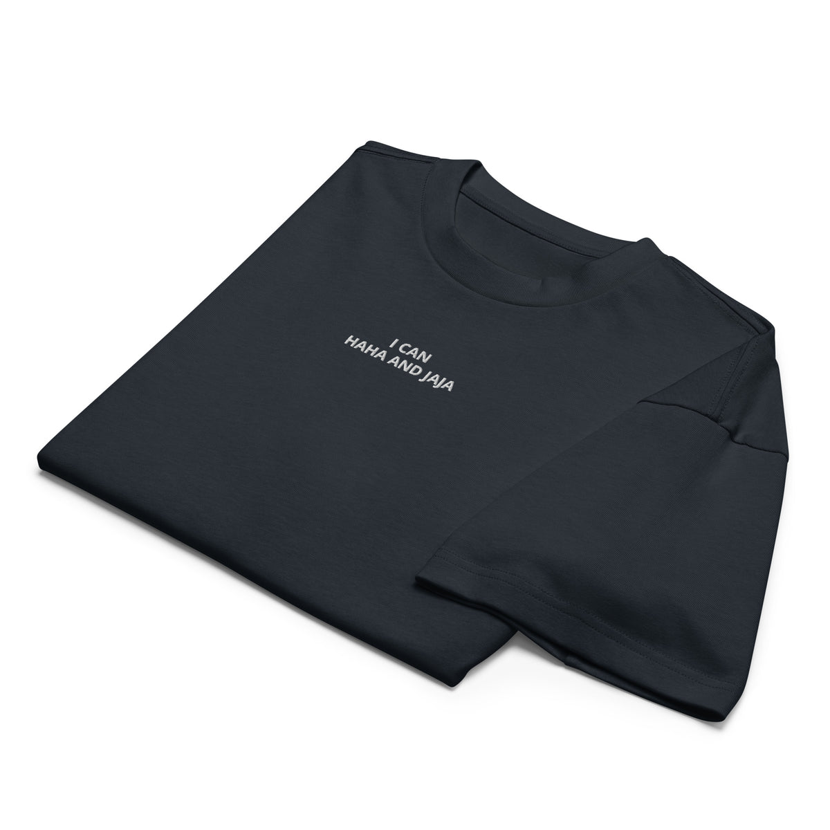 i can haha and jaja mens embroidered t-shirt navy front folded