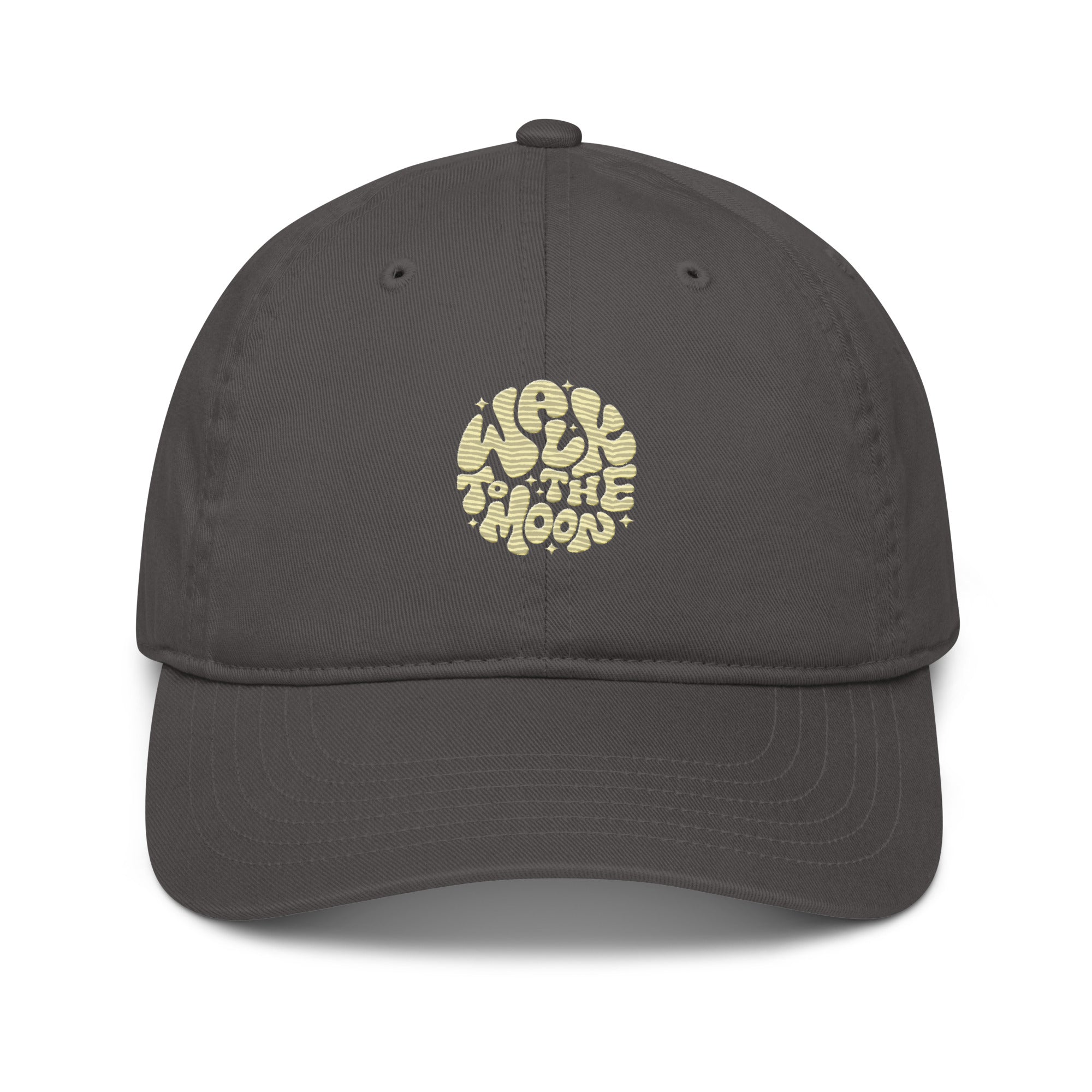 charcoal cap with "WALK TO THE MOON" in yellow embroidery 
