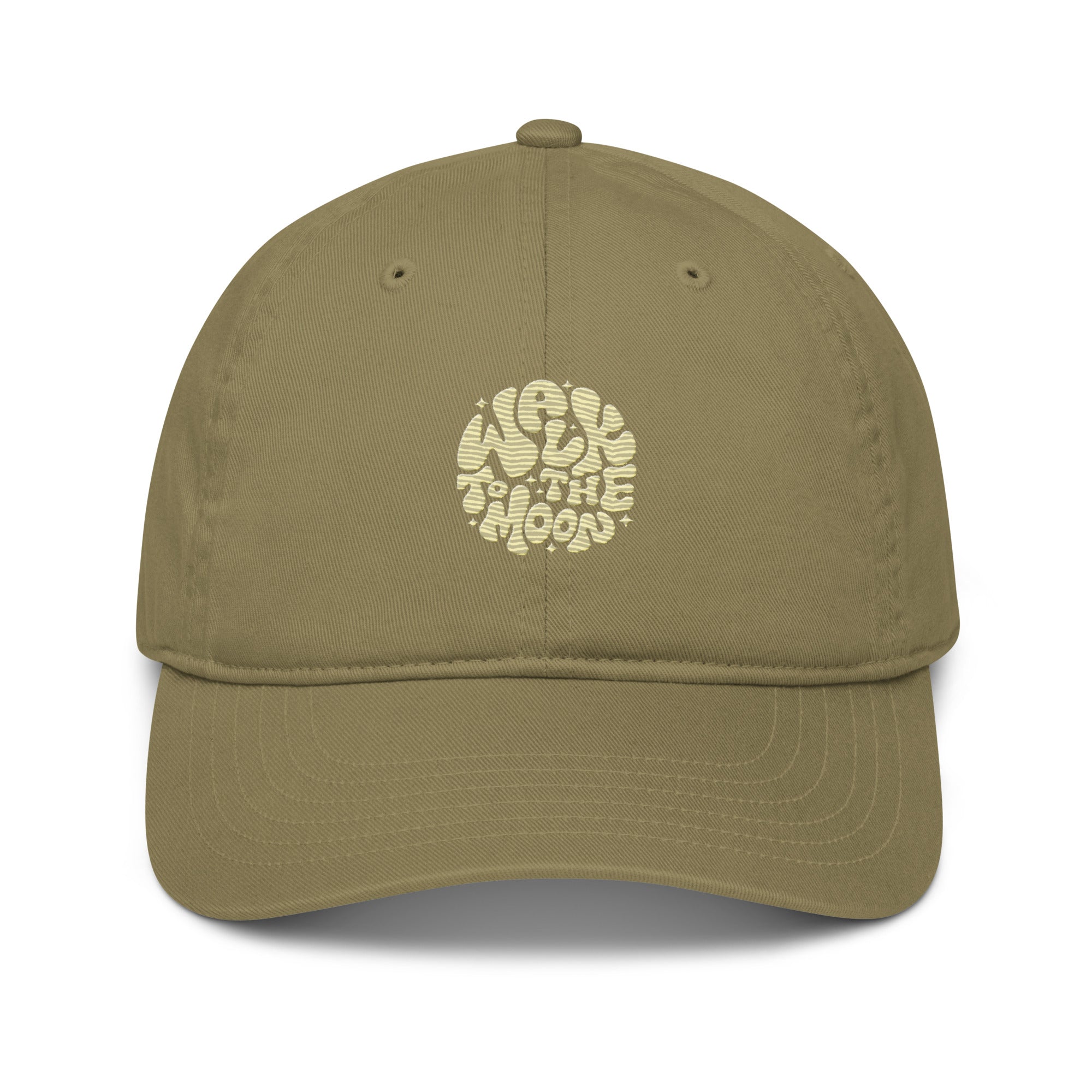 An olive green baseball cap with a beige distressed circular graphic on the front that reads 'WALK THE MOON'. The cap is photographed against a clean white background with a soft drop shadow.