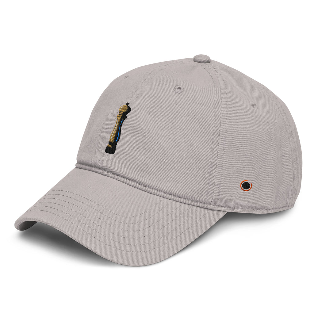 Gray cap with a black logo on a white background