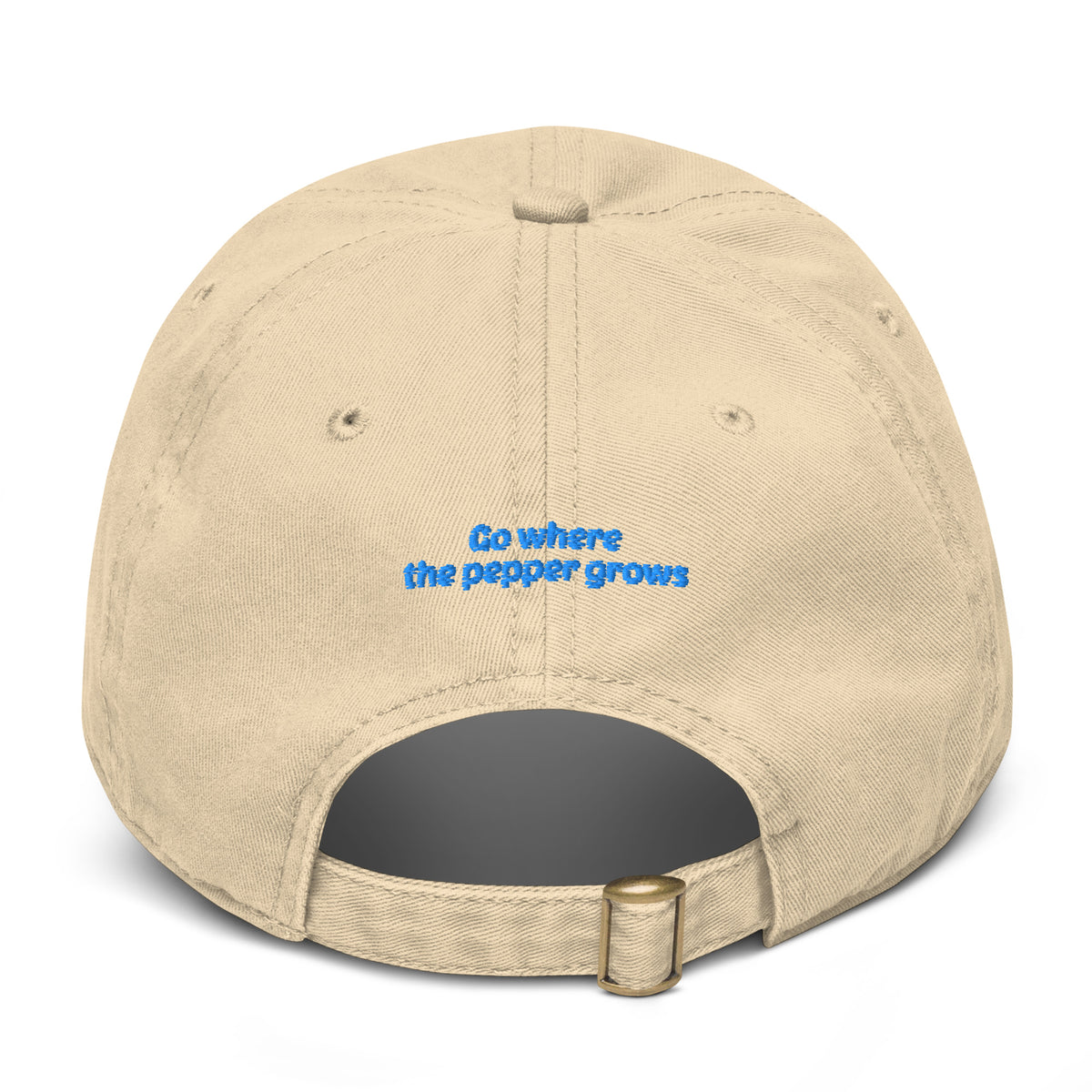 Beige cap with a logo on the back against a white background