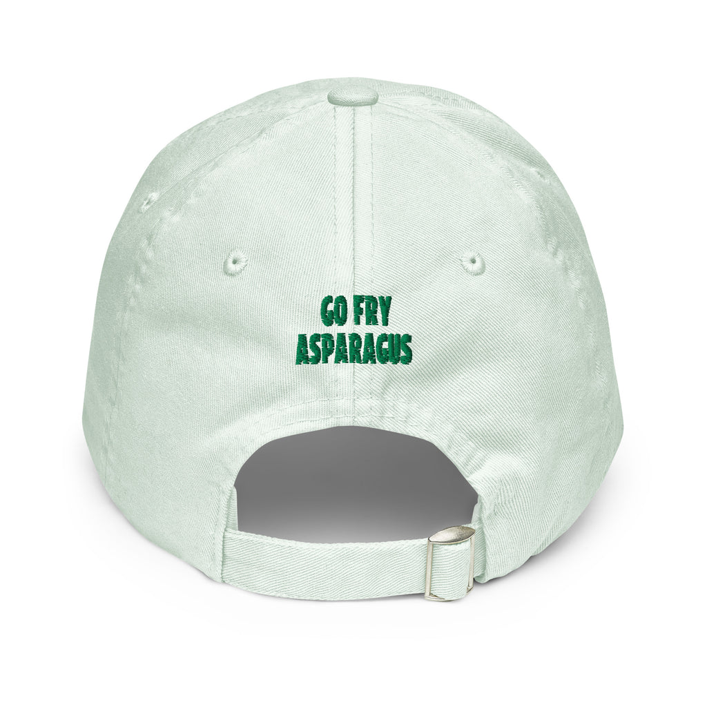 A light mint green baseball cap shown from the back, featuring the text 'GO FRY ASPARAGUS' printed in dark green on the back panel, with an adjustable strap and metal slider at the bottom.
