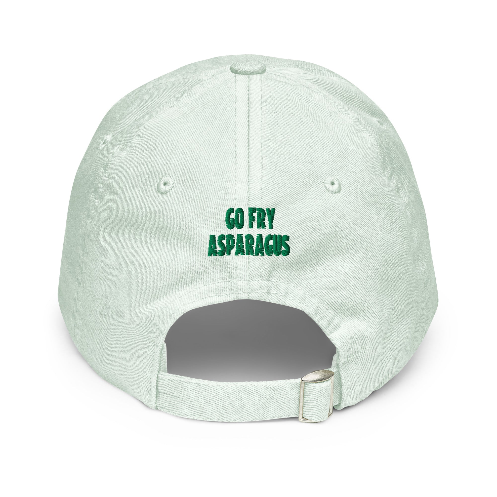 A light mint green baseball cap shown from the back, featuring the text 'GO FRY ASPARAGUS' printed in dark green on the back panel, with an adjustable strap and metal slider at the bottom.