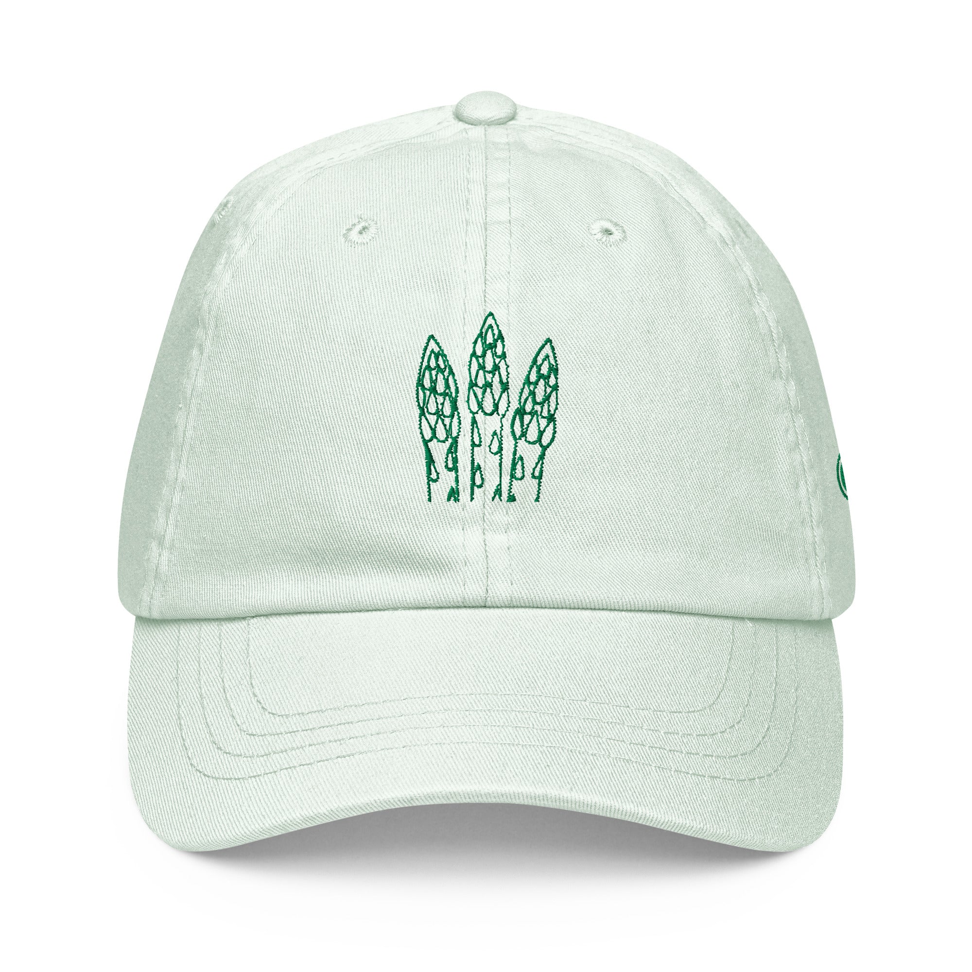 A light mint green cotton baseball cap featuring a green embroidered graphic of three asparagus spears on the front, set against a plain white background.