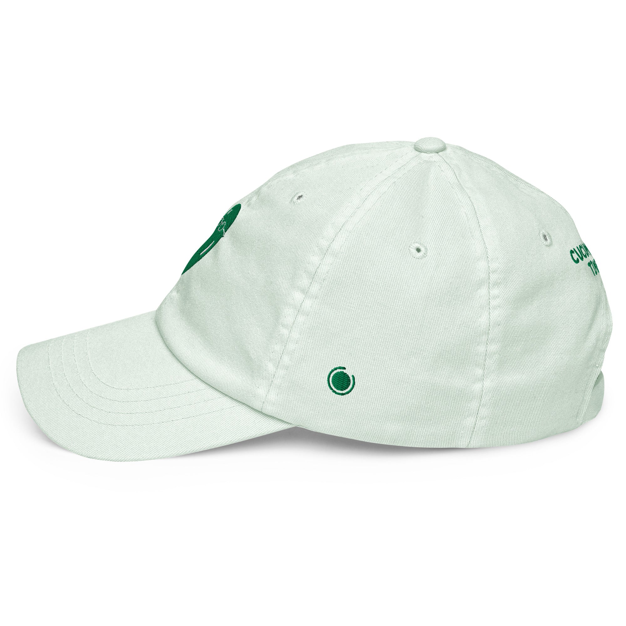 A light mint green baseball cap with green embroidered details, including a circular logo on the side and partial text on the back, shown against a plain white background.