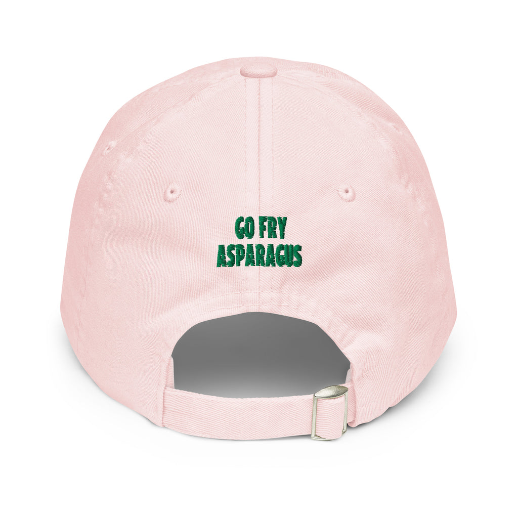 A light pink baseball cap shown from the back, featuring the text 'GO FRY ASPARAGUS' printed in green on the back panel, with an adjustable strap and metal slider at the bottom.