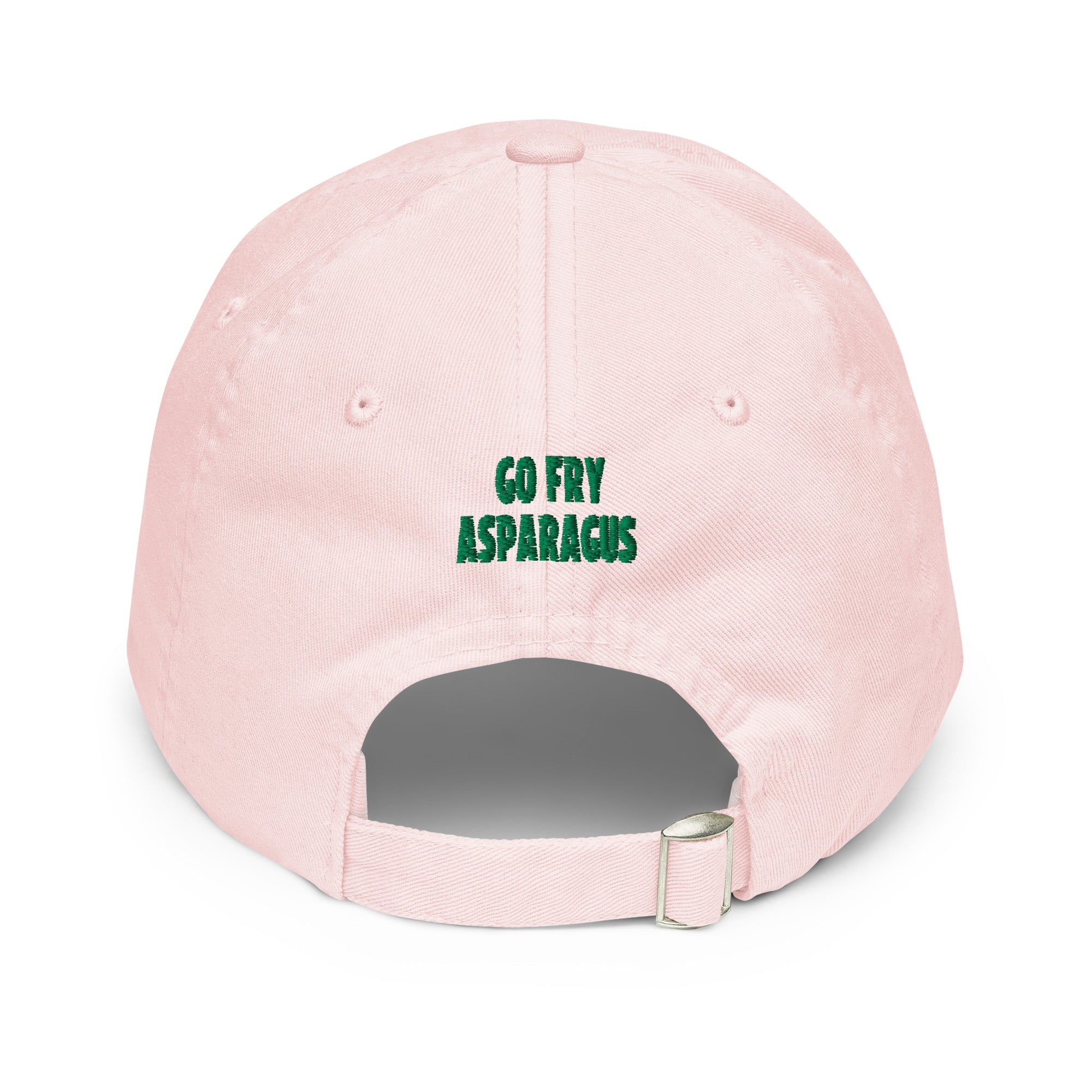 A light pink baseball cap shown from the back, featuring the text 'GO FRY ASPARAGUS' printed in green on the back panel, with an adjustable strap and metal slider at the bottom.