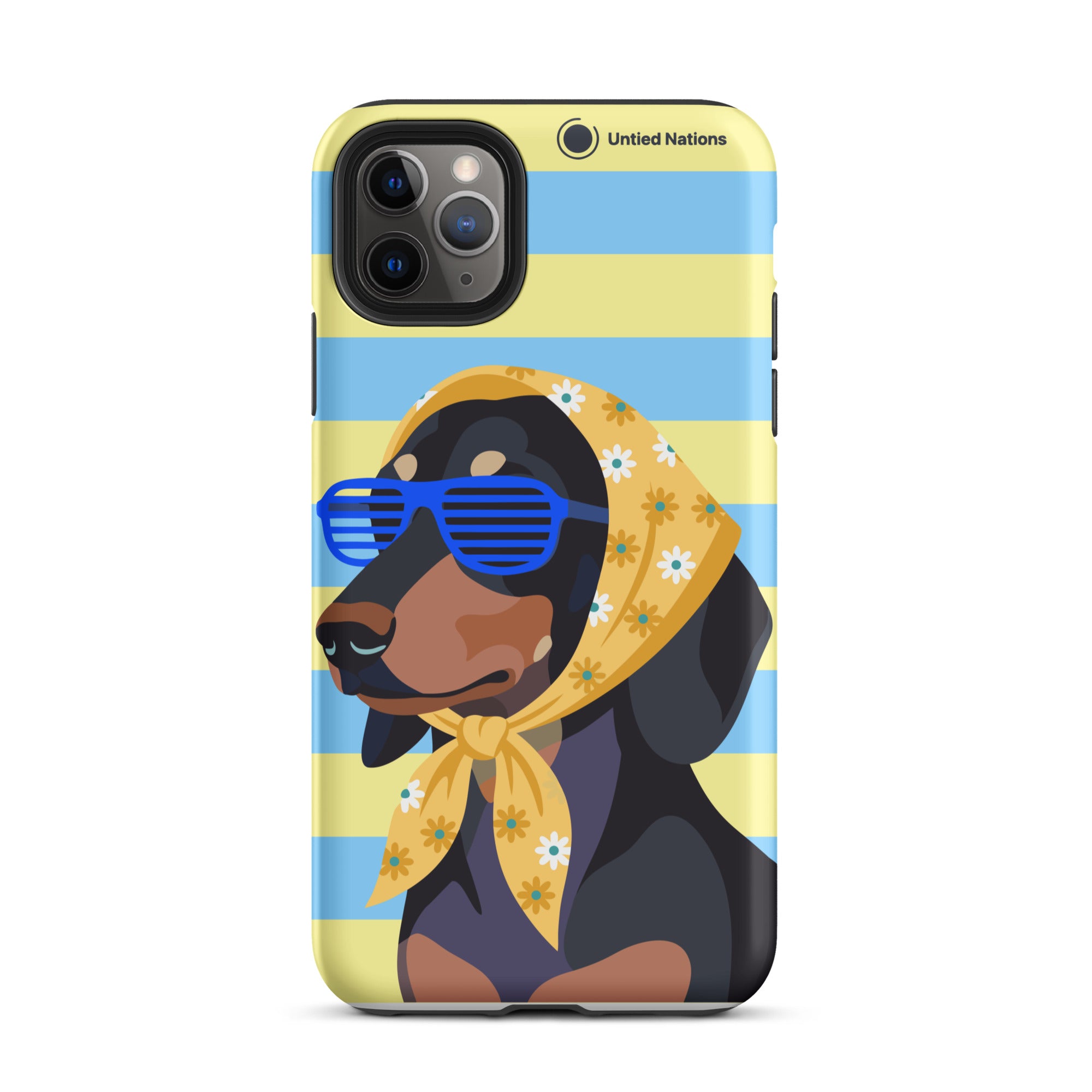 A protective phone case featuring a cartoon dachshund wearing blue shutter glasses and a yellow floral bandana, set against a background of light blue and pale yellow horizontal stripes. The brand name 'United Nations' is printed near the top right.
