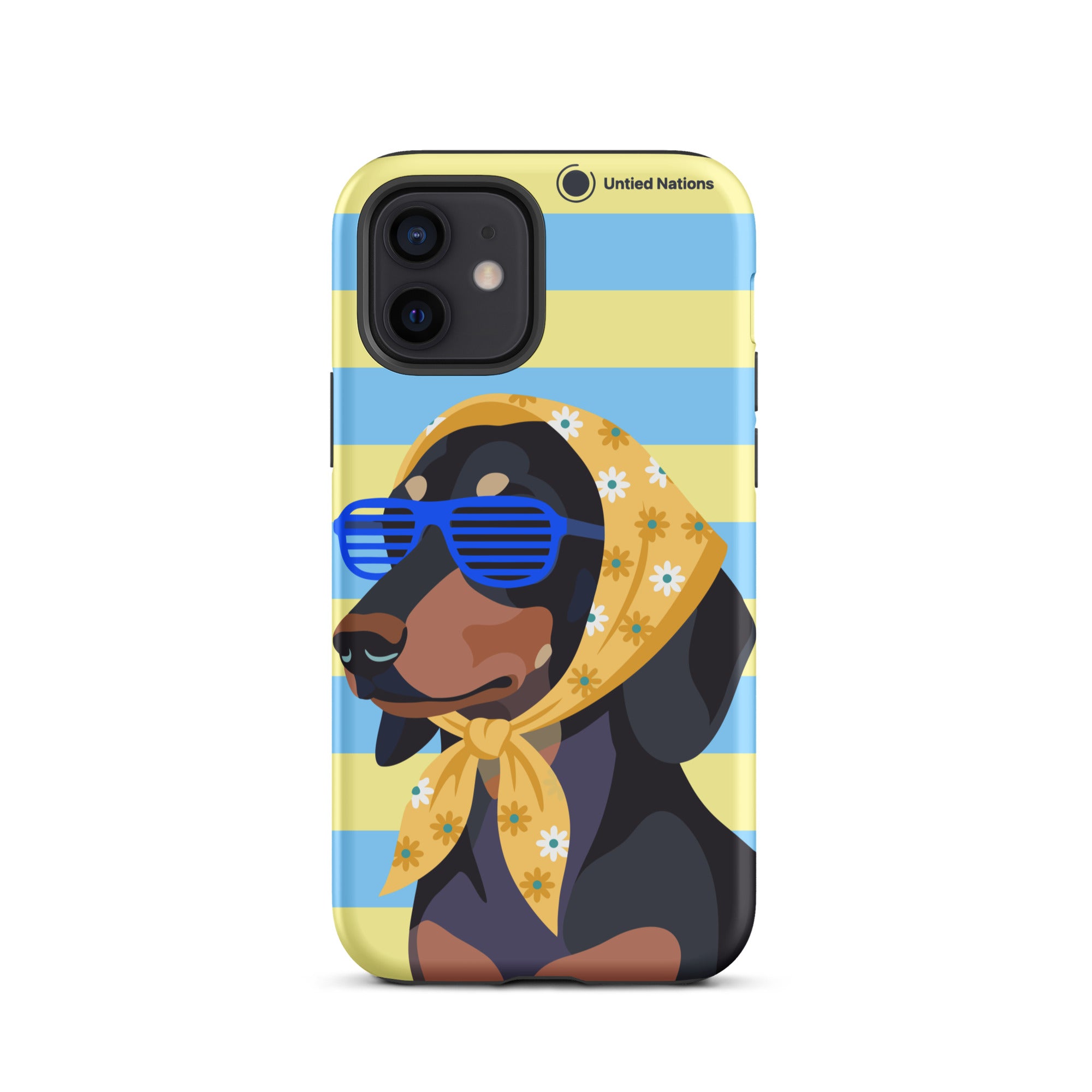 A phone case featuring a stylized illustration of a black and tan dachshund wearing blue shutter sunglasses and a yellow floral headscarf, set against a background of light blue and pale yellow horizontal stripes. The case has a black camera bumper and a small 'United Nations' logo printed near the top right.