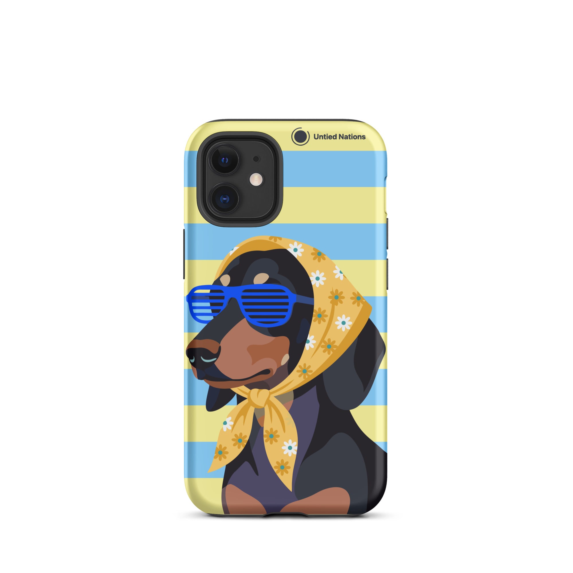 A phone case featuring a stylized illustration of a dachshund wearing blue sunglasses and a yellow floral bandana, set against a background of light blue and pale yellow horizontal stripes. The brand name 'United Nations' is printed near the top right corner of the case.