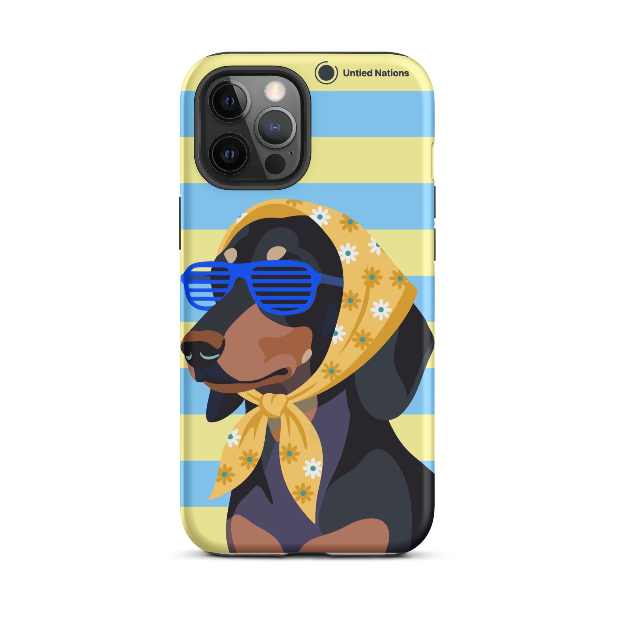 A phone case featuring a cartoon dachshund wearing blue shutter sunglasses and a yellow floral bandana, set against a light blue and yellow striped background. The United Nations logo is printed near the top right.