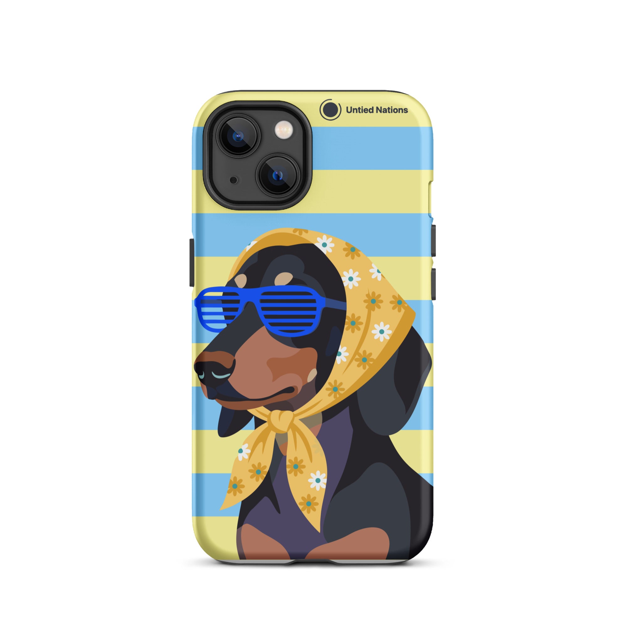 A phone case featuring a stylized illustration of a dachshund wearing blue shutter sunglasses and a yellow floral headscarf, set against a background of light blue and pale yellow horizontal stripes. The case has a black bumper edge and a small 'United Nations' text printed near the top right.