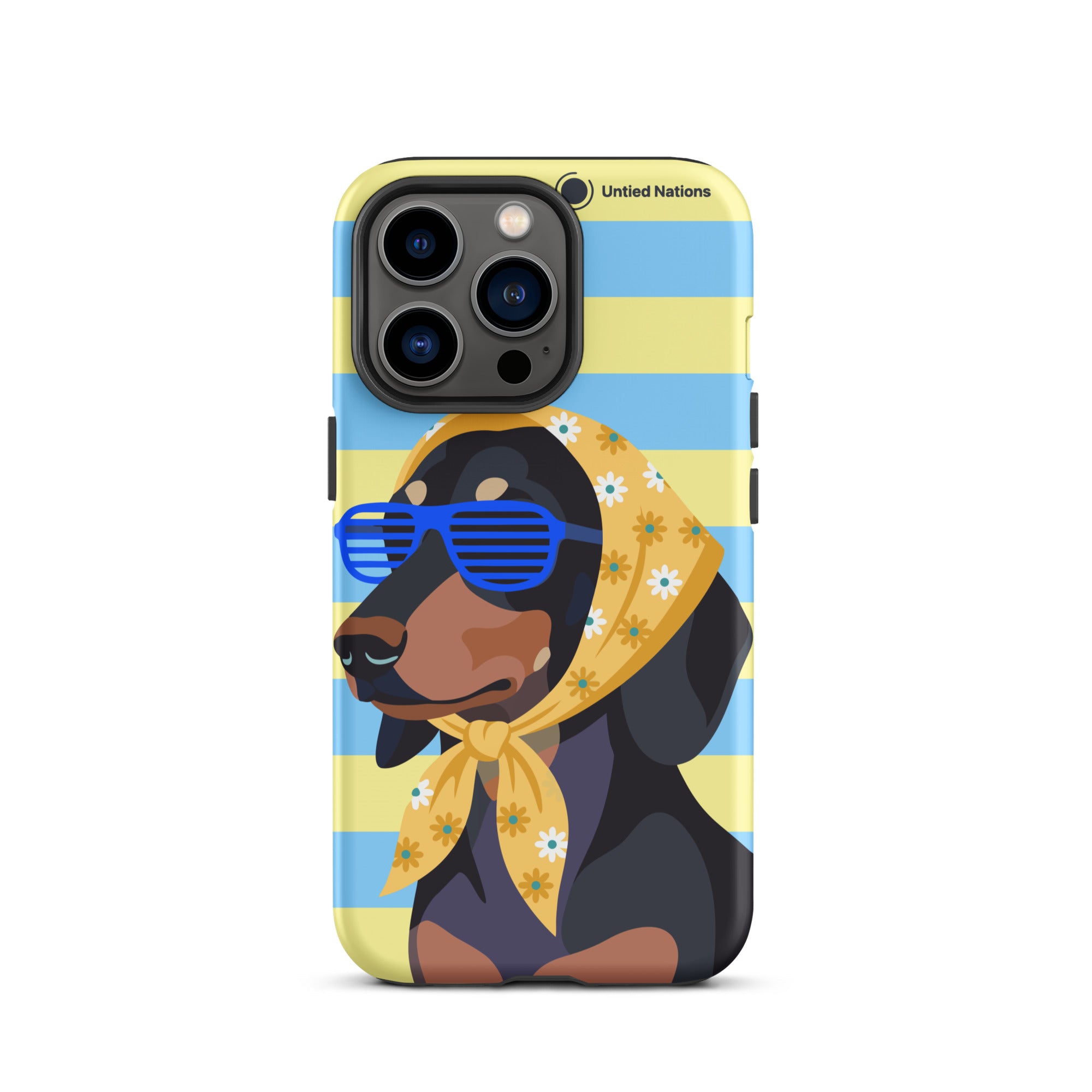 A phone case featuring a stylized illustration of a dachshund wearing blue sunglasses and a yellow floral bandana, set against a background of light blue and yellow horizontal stripes. The case has a black bumper edge and a small 'United Nations' text near the top right.