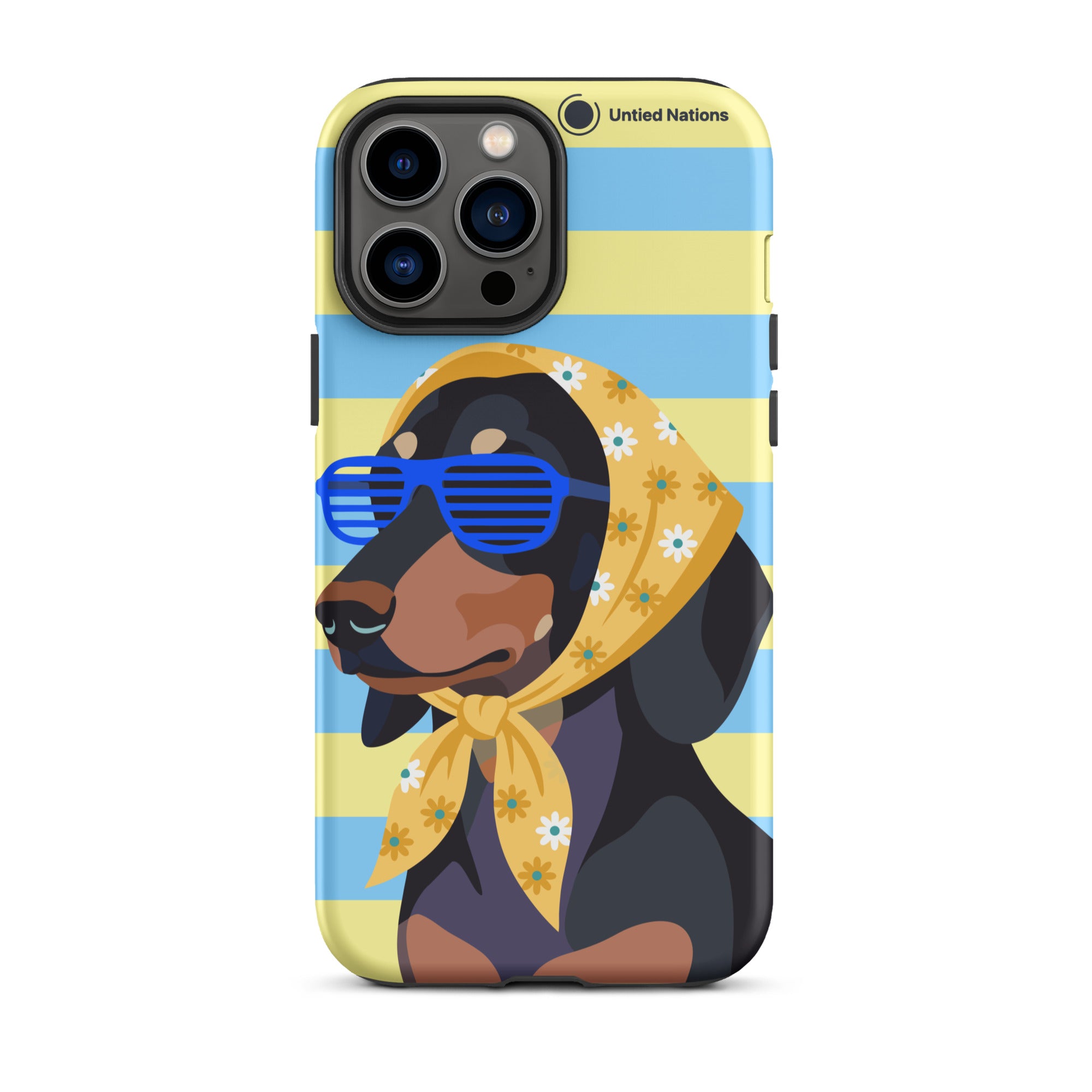 A phone case featuring a stylized dachshund wearing blue sunglasses and a yellow floral bandana, set against a light blue and pale yellow striped background. The case has a black camera surround and the text 'United Nations' printed near the top right.