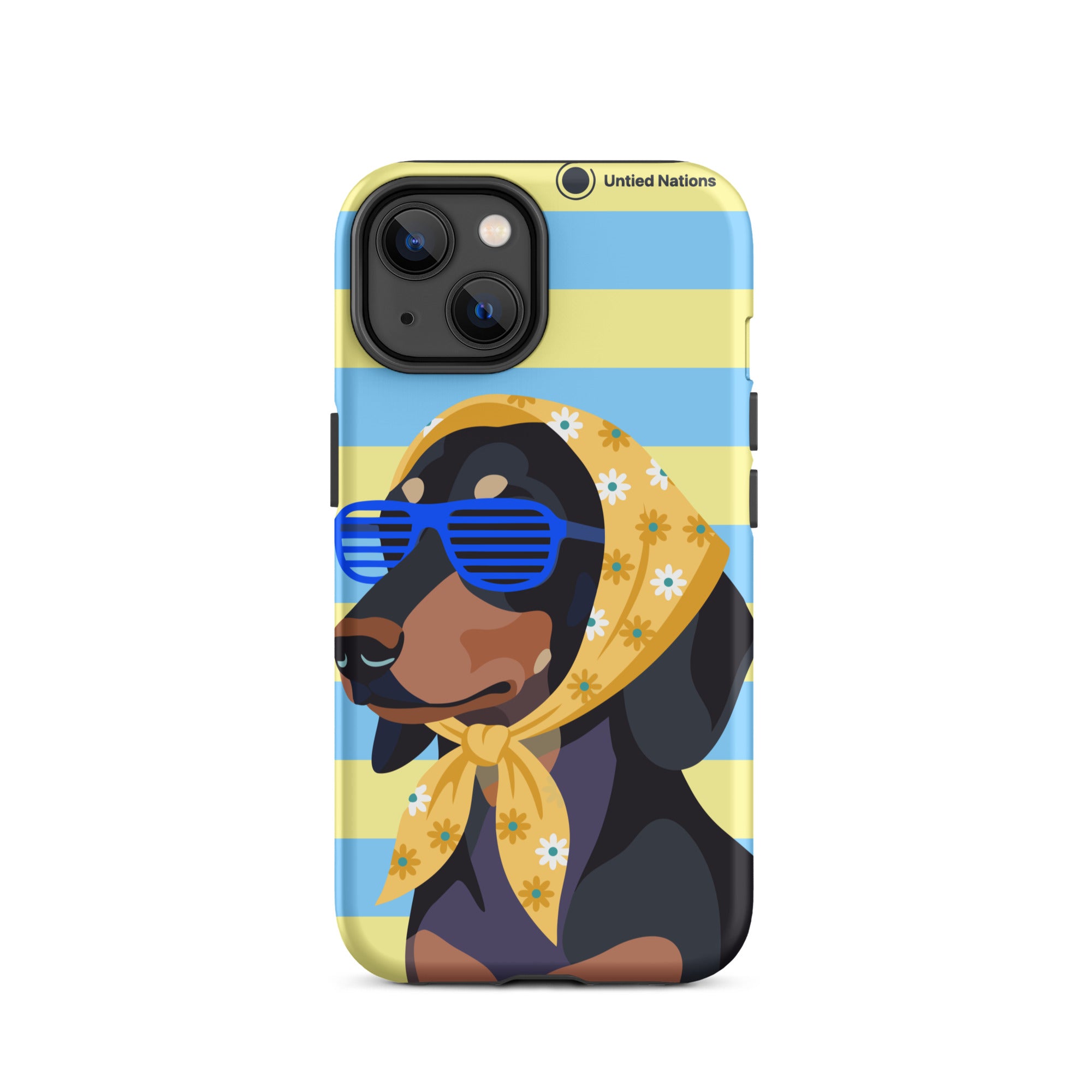A phone case featuring a stylized illustration of a black and tan dog wearing blue sunglasses and a yellow floral bandana, set against a background of light blue and pale yellow horizontal stripes. The case has a 'United Nations' logo printed near the top right corner.