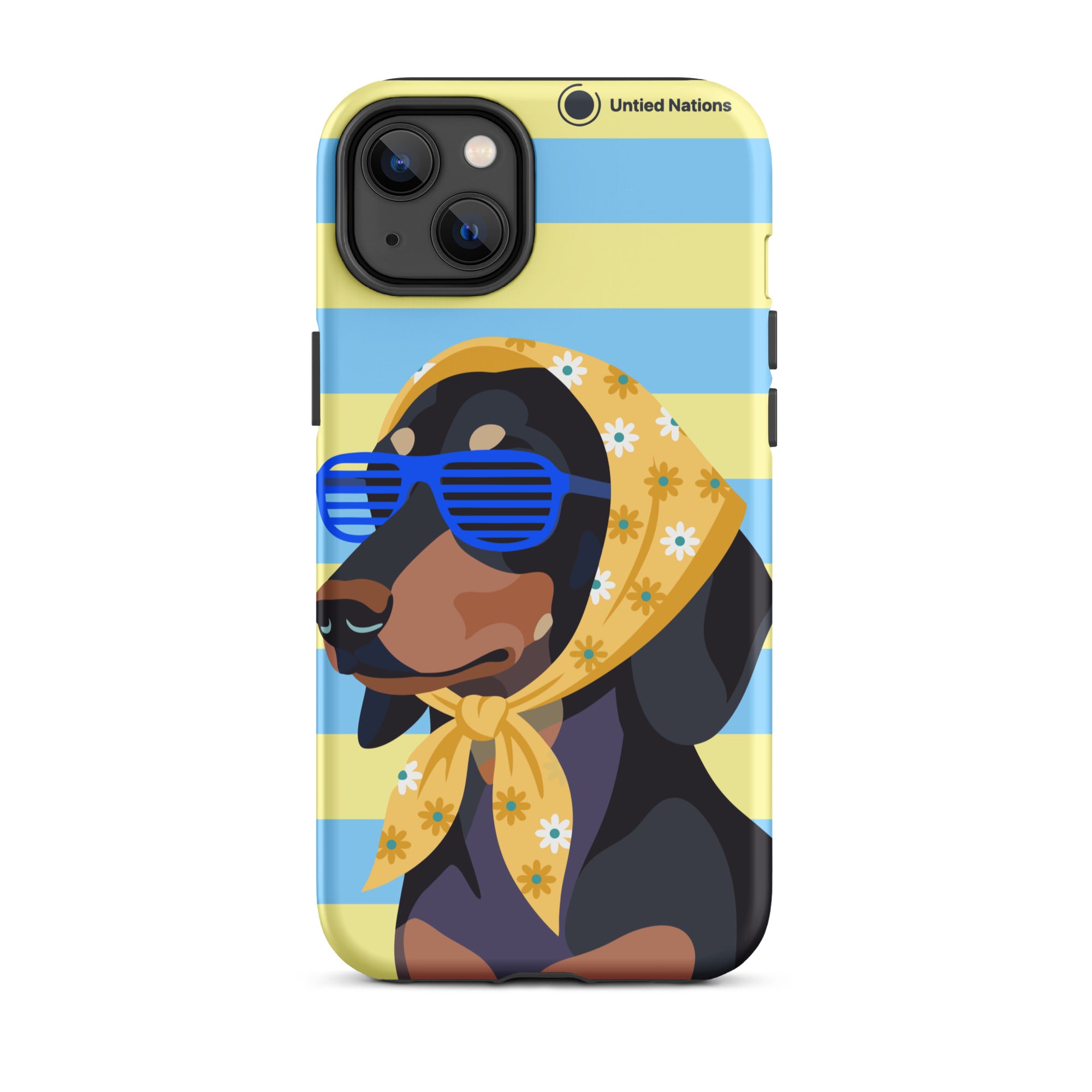 A protective phone case featuring a stylized illustration of a black and tan dog wearing blue sunglasses and a yellow floral headscarf, set against a background of light blue and pale yellow horizontal stripes. The case has a black camera bumper and the text 'United Nations' printed near the top right.