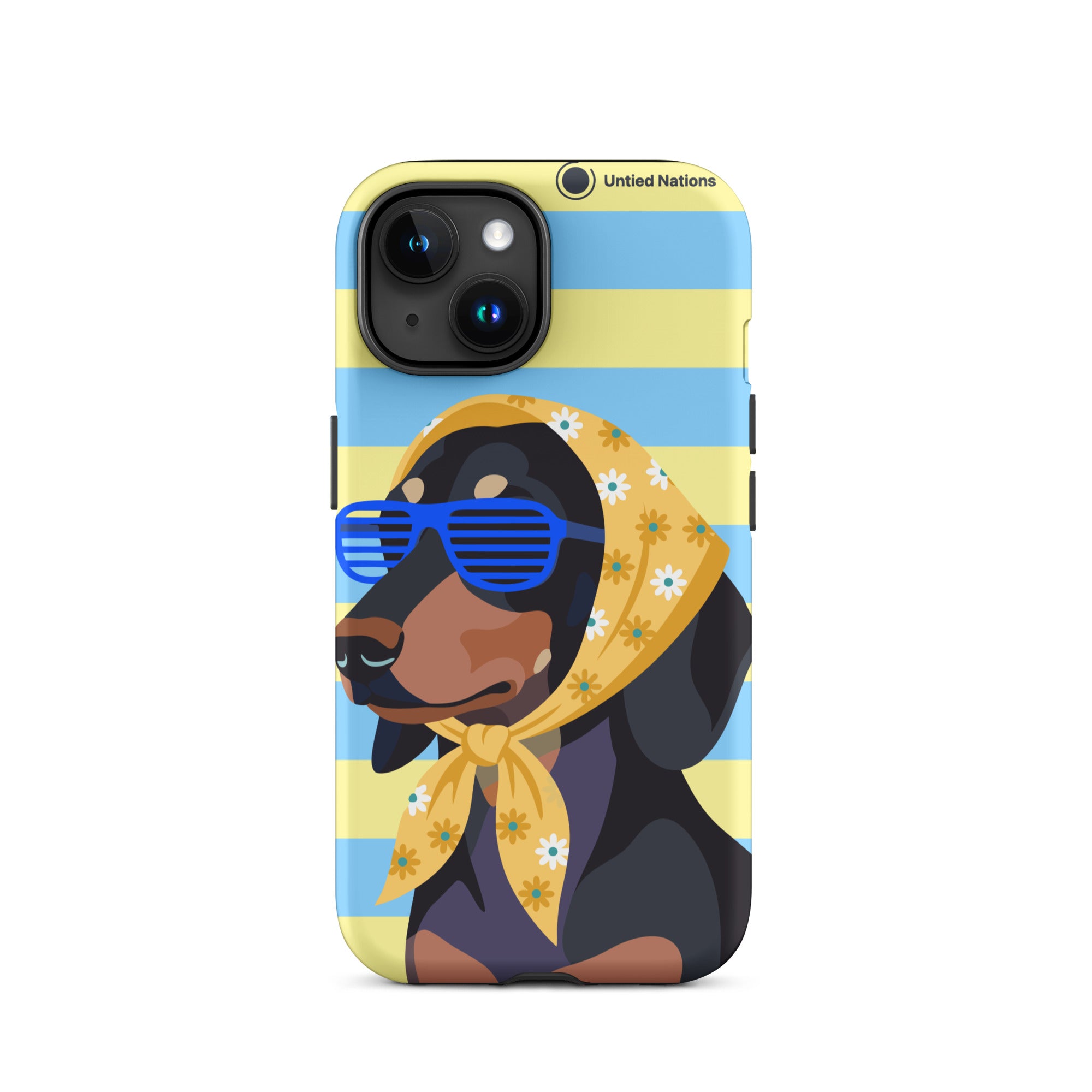 A phone case featuring a stylized illustration of a black and tan dog wearing blue shutter glasses and a yellow floral bandana, set against a light blue and yellow striped background. The case has 'United Nations' printed near the top.
