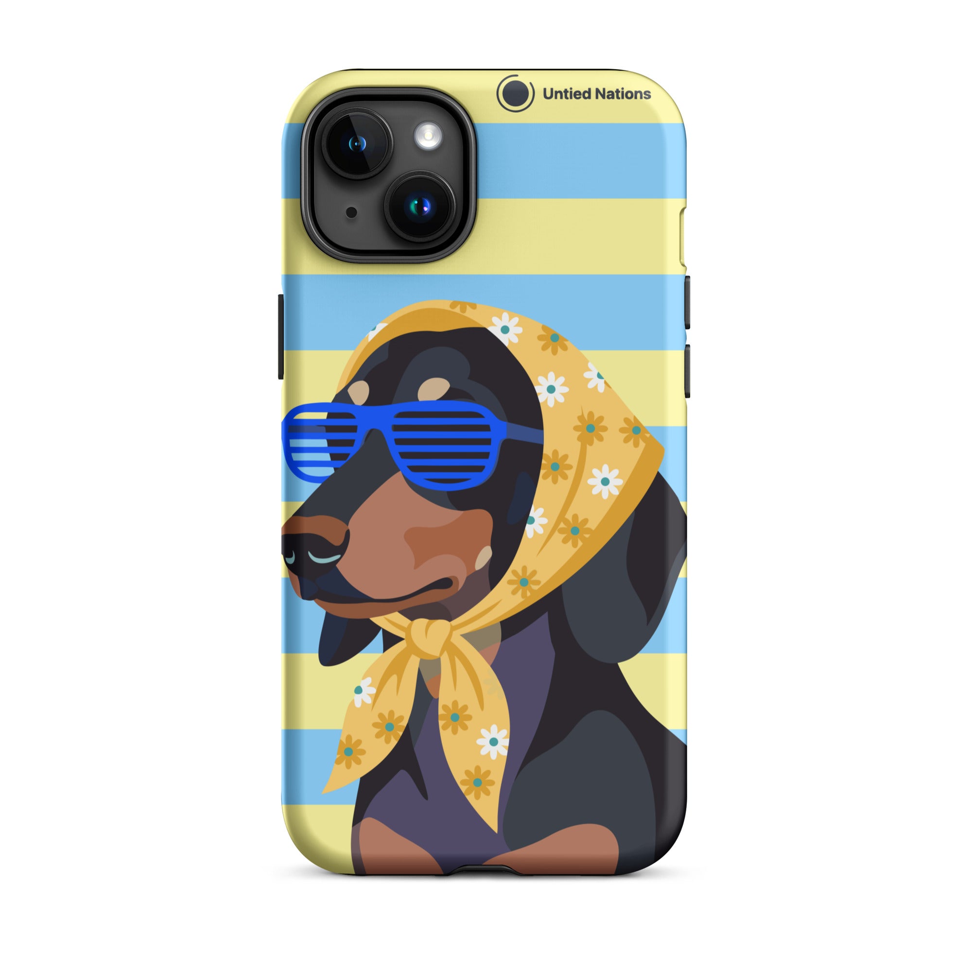 A phone case featuring a stylized illustration of a black and tan dog wearing blue sunglasses and a yellow floral headscarf, set against a light blue and pale yellow striped background. The case has 'United Nations' printed near the top.