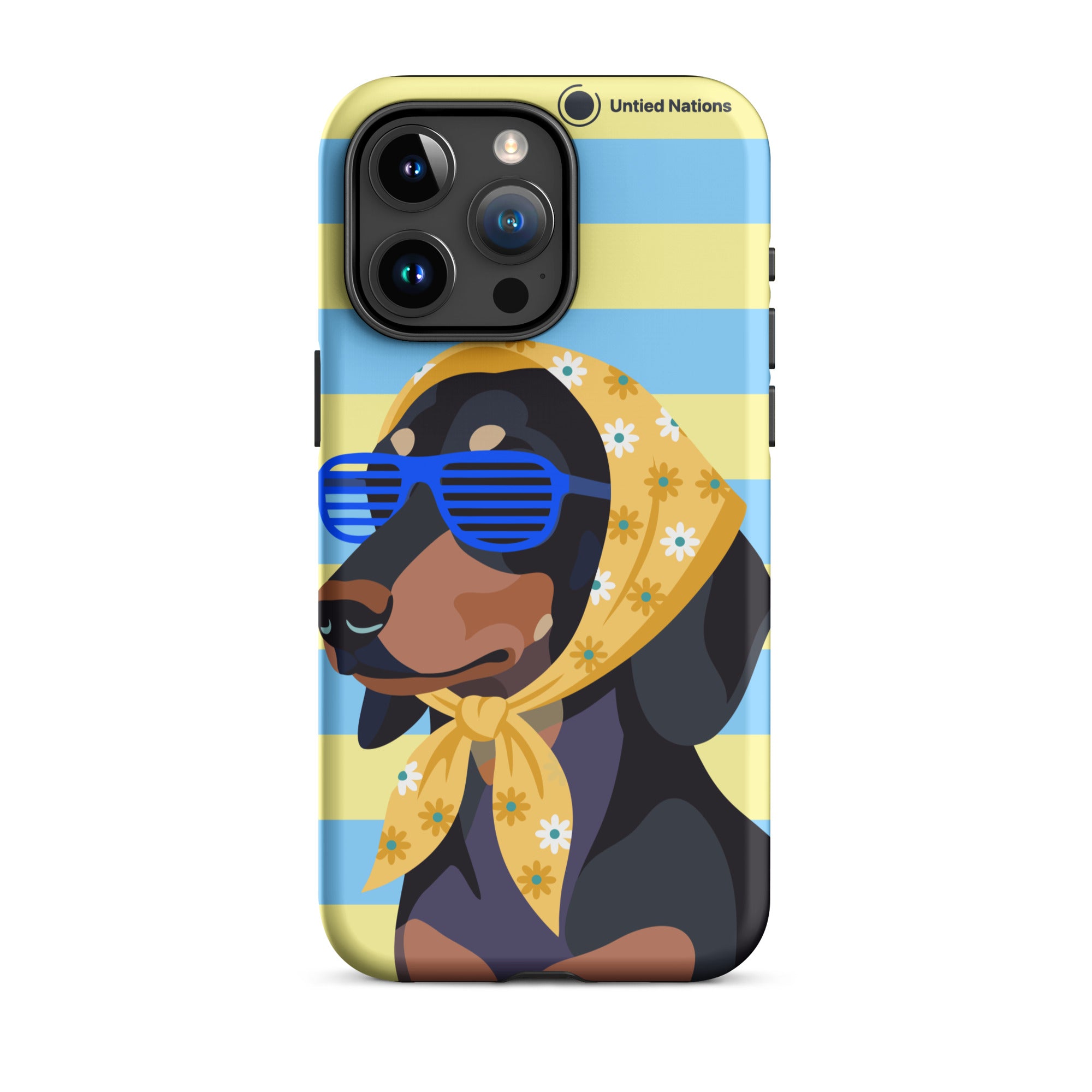 A protective phone case featuring a stylized illustration of a black and tan dog wearing blue sunglasses and a yellow floral bandana, set against a light blue and yellow striped background. The case has a black camera bumper and the 'Untied Nations' logo printed near the top right.
