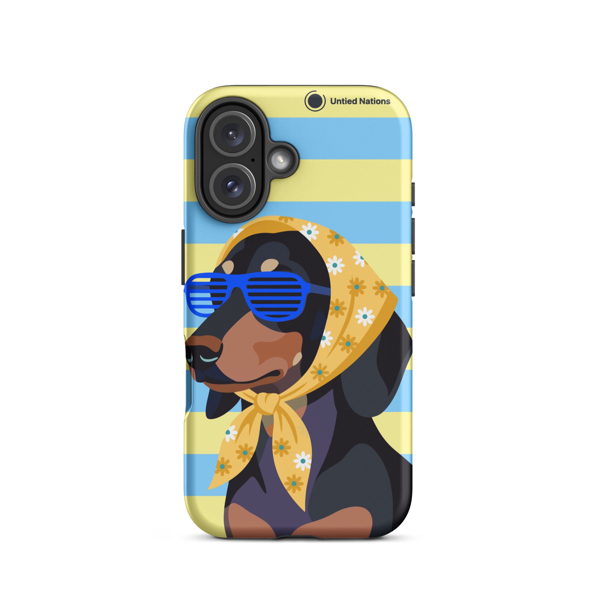 A phone case featuring a stylized illustration of a black and tan dachshund wearing blue shutter sunglasses and a yellow floral bandana, set against a light blue and pale yellow striped background. The case has a black border and a small 'United Nations' logo printed near the top right.