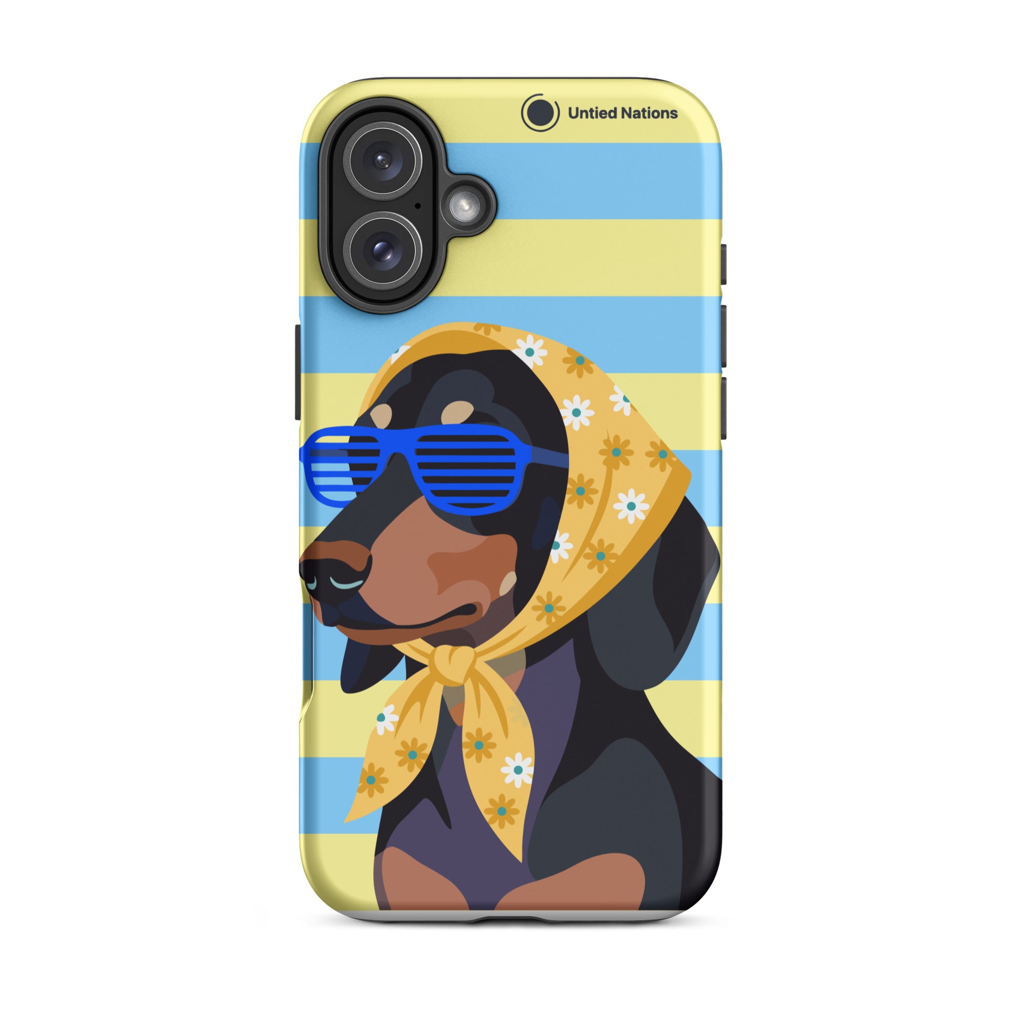 A protective phone case featuring a cartoon illustration of a black and tan dachshund wearing blue sunglasses and a yellow floral bandana, set against a light blue and yellow striped background. The United Nations logo is printed near the top right.
