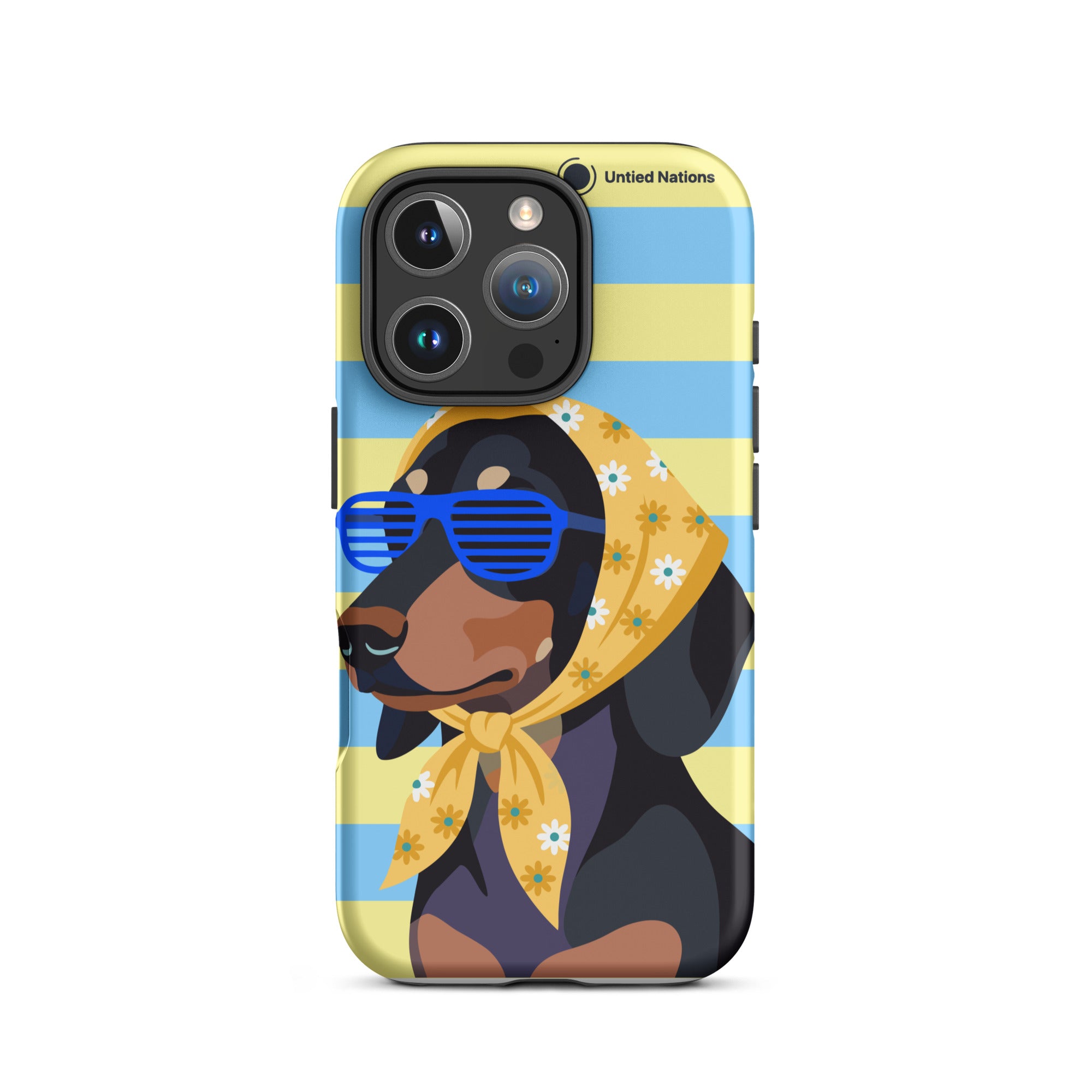 A phone case featuring a cartoon dachshund wearing blue sunglasses and a yellow floral bandana, set against a light blue and yellow striped background. The case has a black bumper edge and a small 'United Nations' logo near the top right.