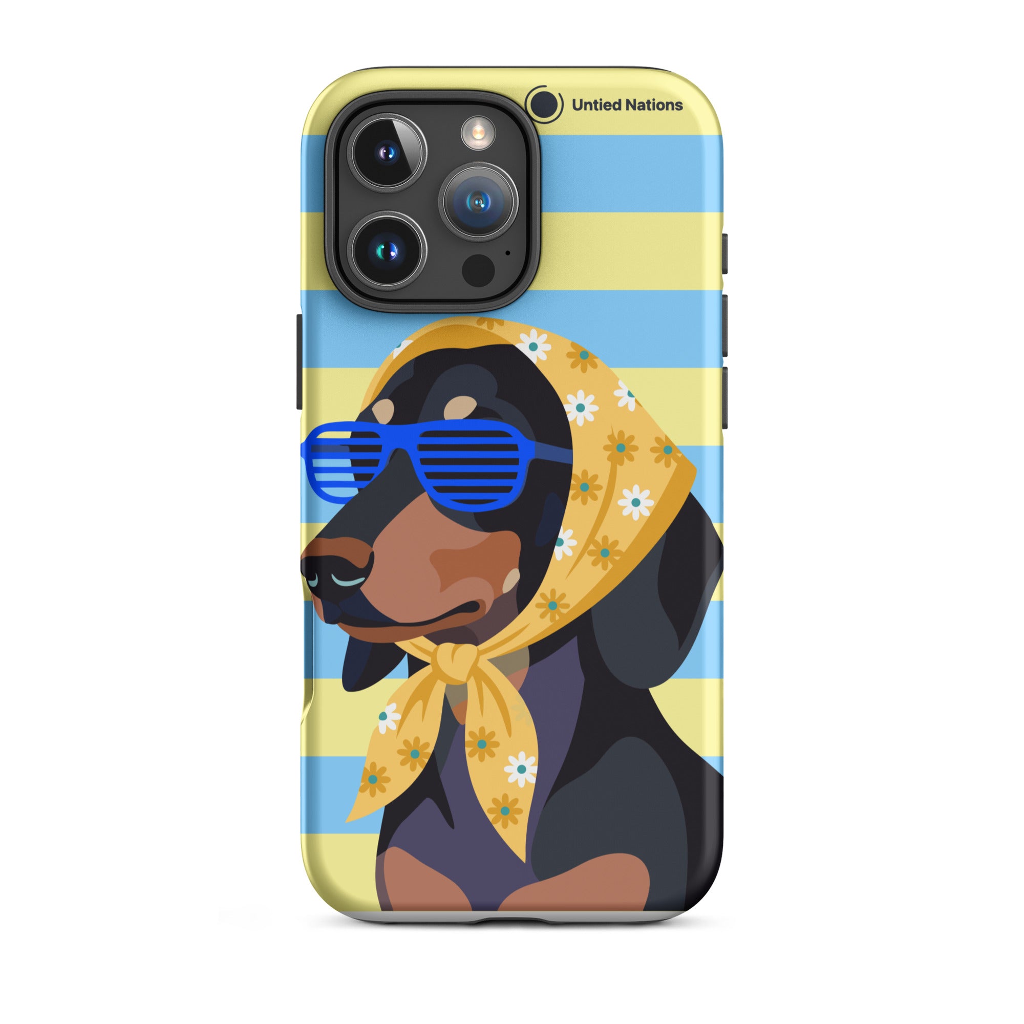 A protective phone case featuring a stylized illustration of a black and tan dog wearing blue shutter sunglasses and a yellow floral bandana, set against a background of light blue and pale yellow horizontal stripes. The case is shown on a clean white background.