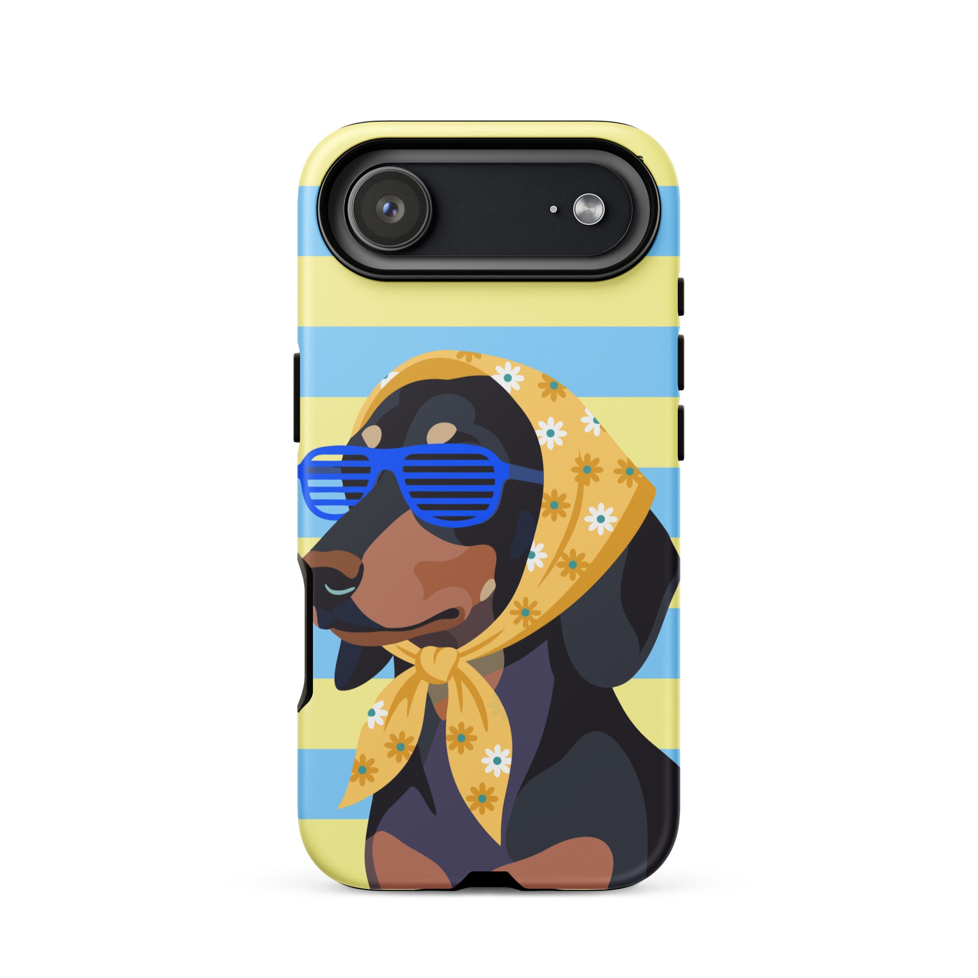A phone case featuring a cartoon dachshund wearing blue shutter glasses and a yellow floral bandana, set against a background of yellow and light blue horizontal stripes.