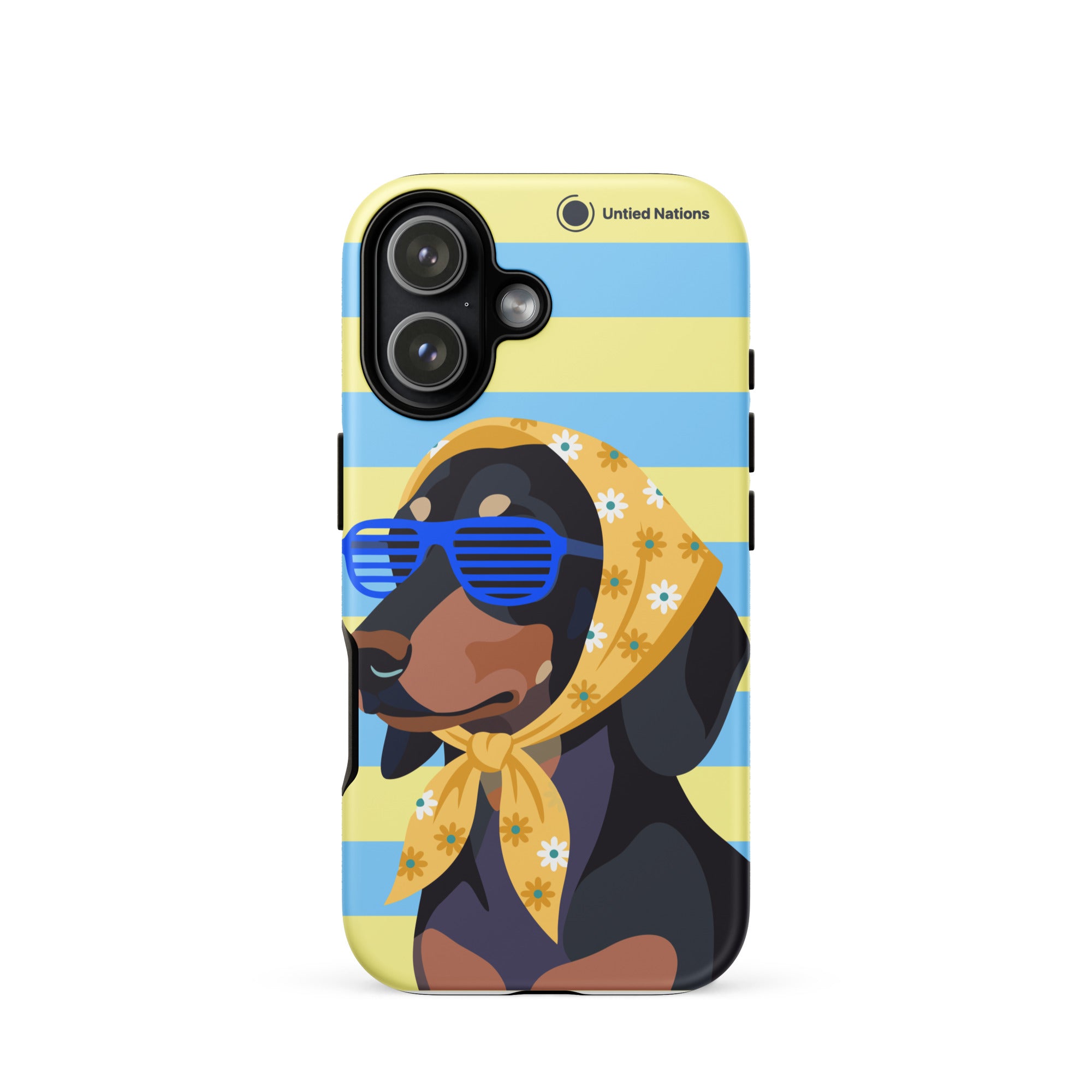 A phone case featuring a cartoon dachshund wearing blue sunglasses and a yellow floral bandana, set against a light blue and pale yellow striped background. The case has a small 'United Nations' label near the top right corner.