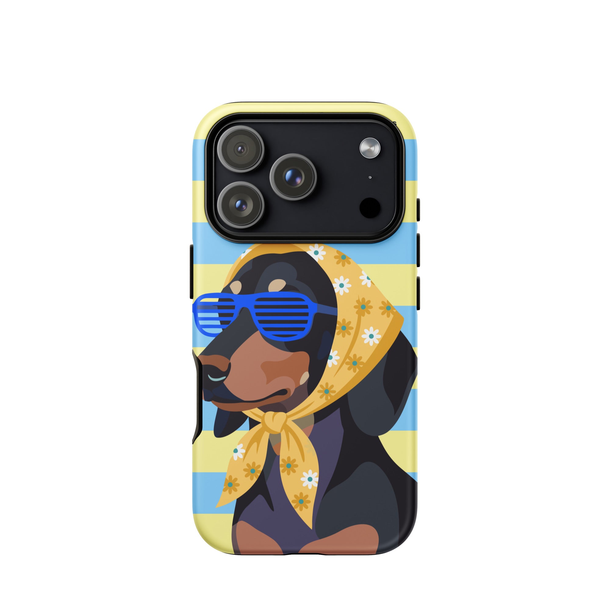 A phone case featuring a stylized illustration of a black and tan dachshund wearing blue sunglasses and a yellow floral bandana, set against a light blue and yellow striped background.